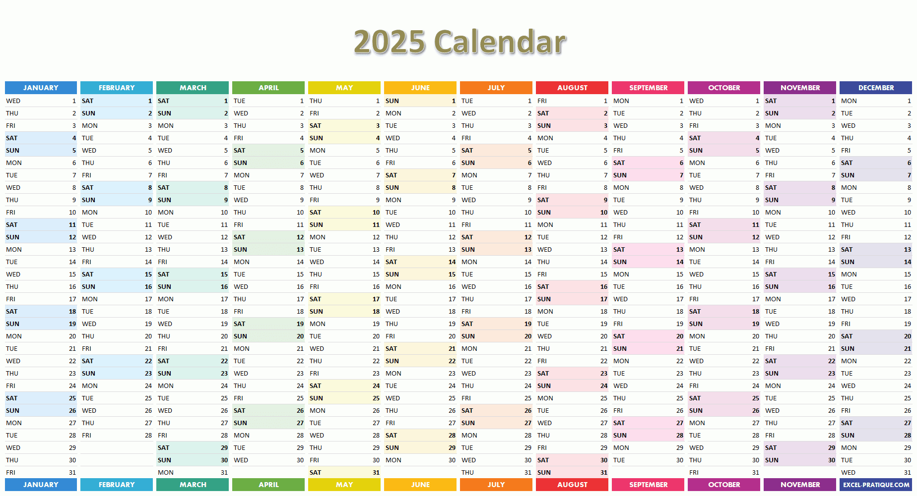 2025 Calendar - Printable Calendar 2025 Free Download Excel