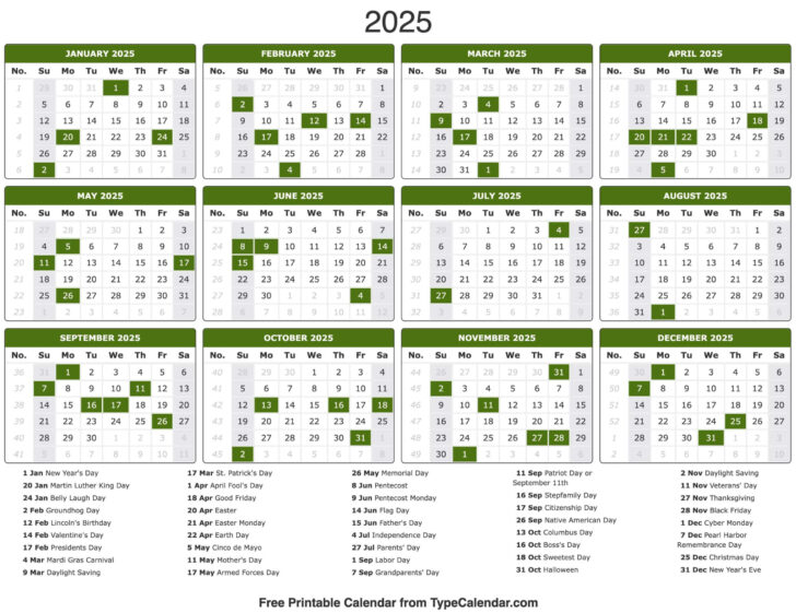 2025 Free Printable Calendar with Holidays