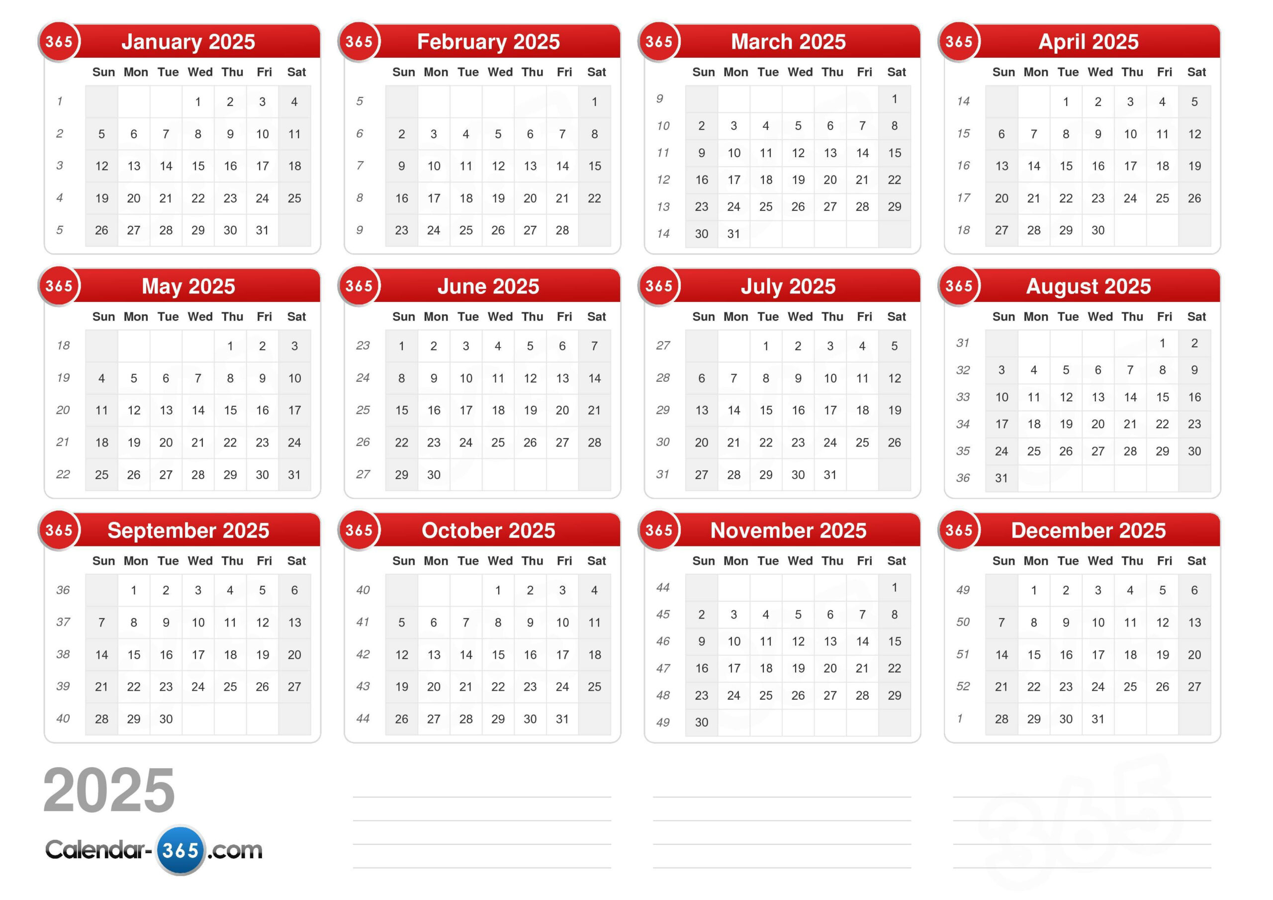 2025 Calendar - Printable Calendar 2025 With Week Numbers