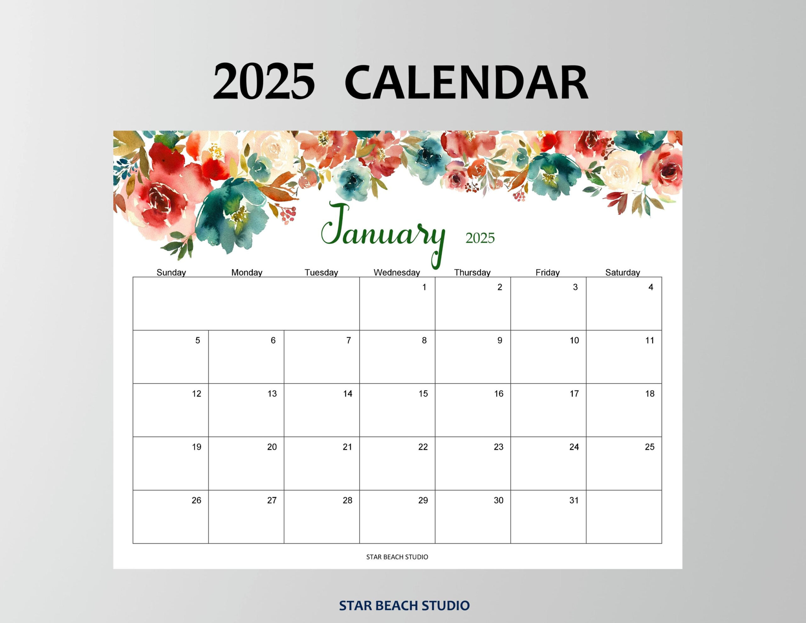 2025 Calendar Printable, Floral 2025 Monthly Planner, Wall Or Desk - 4x6 Printable Calendar 2025