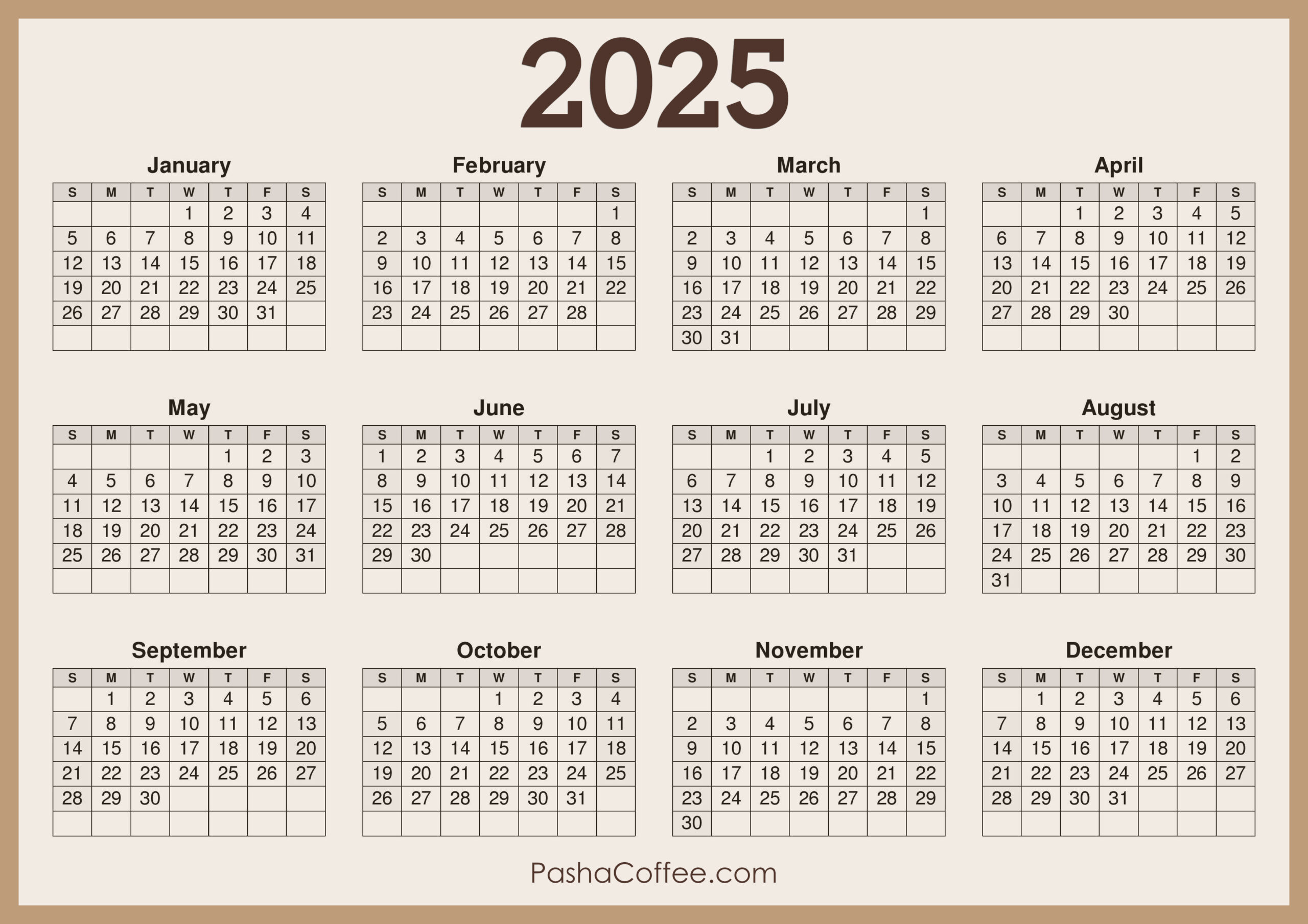 2025 Calendar Printable Free, Horizontal, Beige – Pashacoffee - Printable Calendar 2025 Horizontal