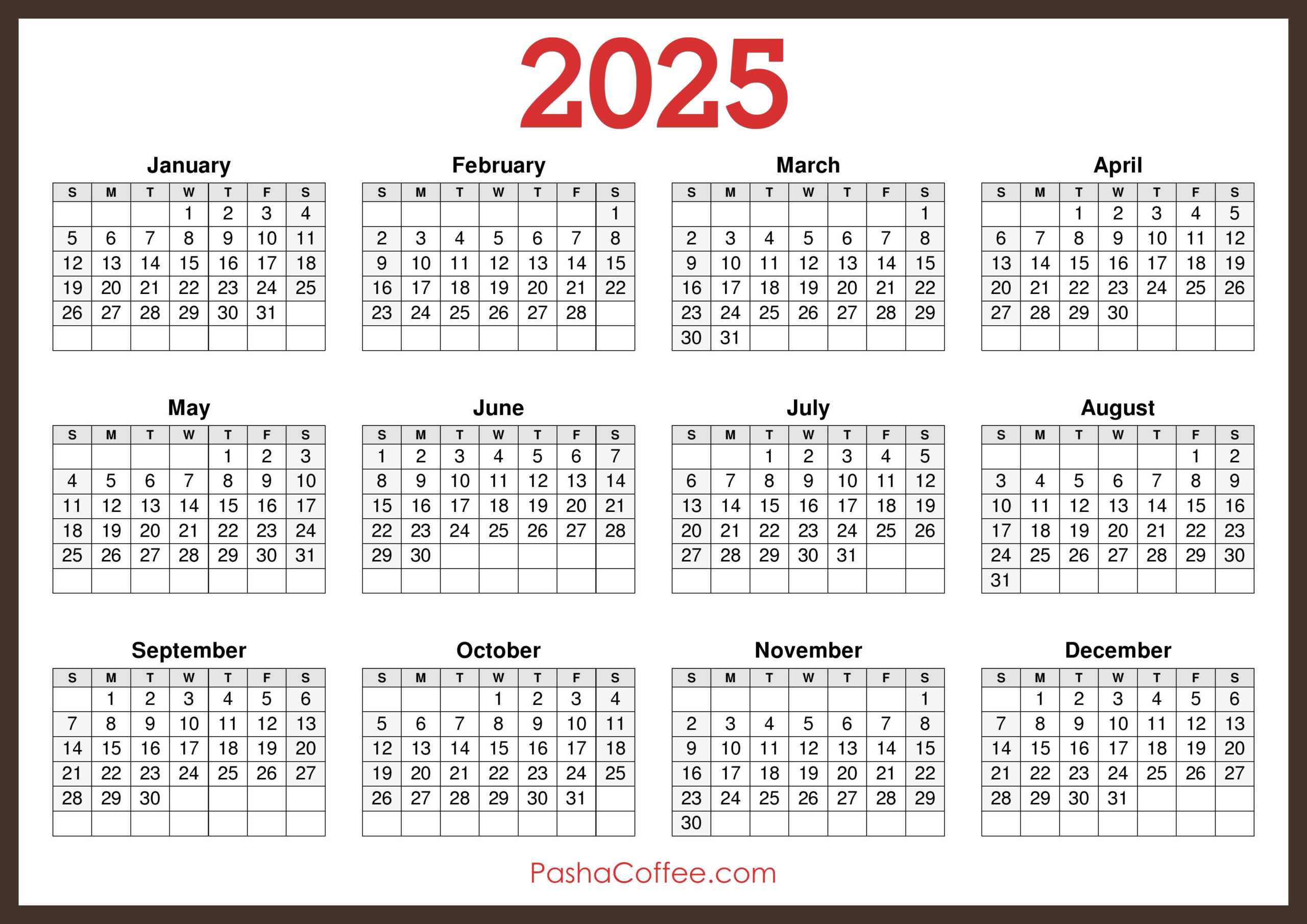 2025 Calendar Printable Free, Horizontal, Green – Pashacoffee - 2025 Horizontal Calendar Printable