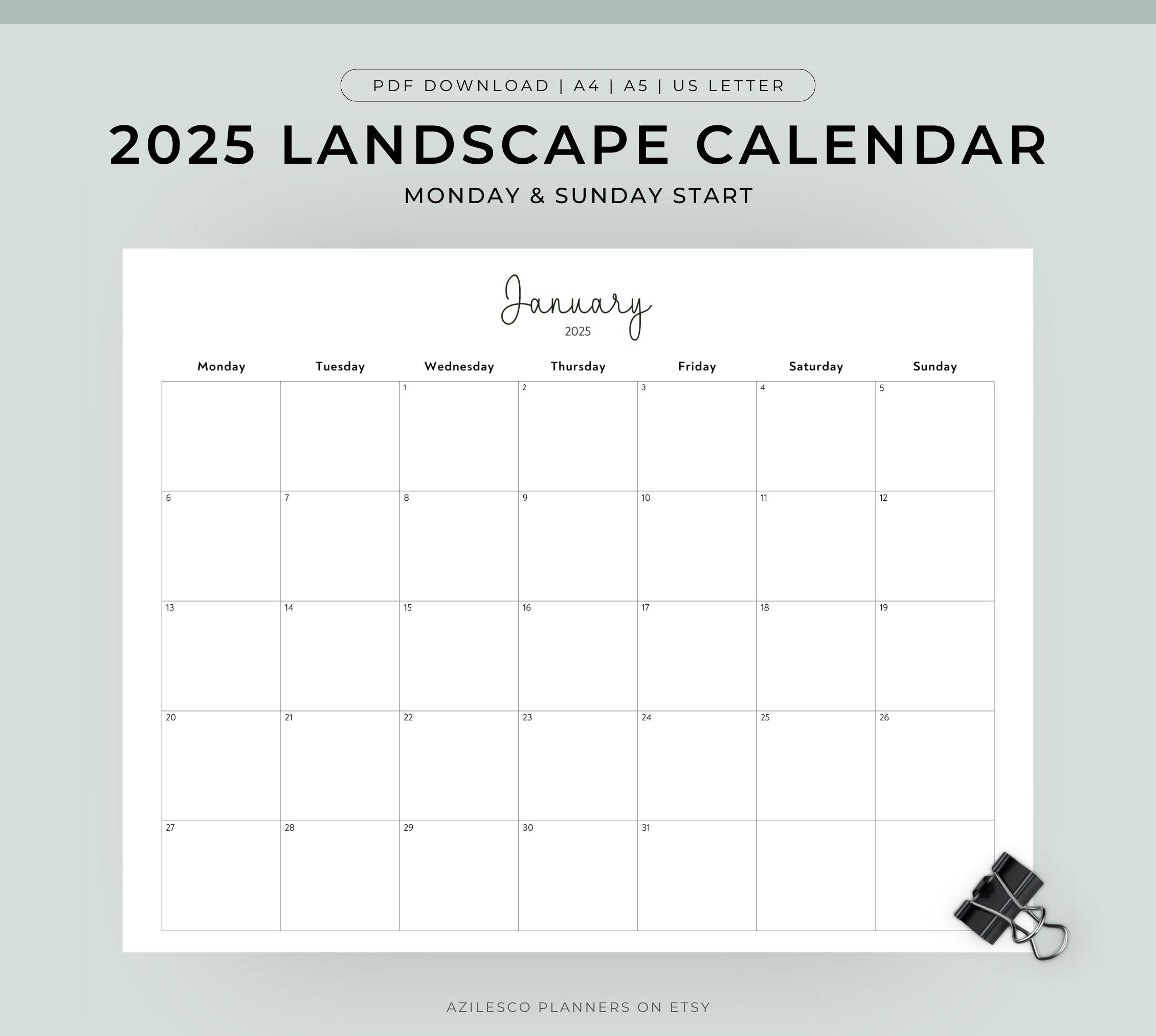 2025 Calendar Printable Landscape, Minimalist Monthly Calendar - Printable Calendar 2025 Landscape