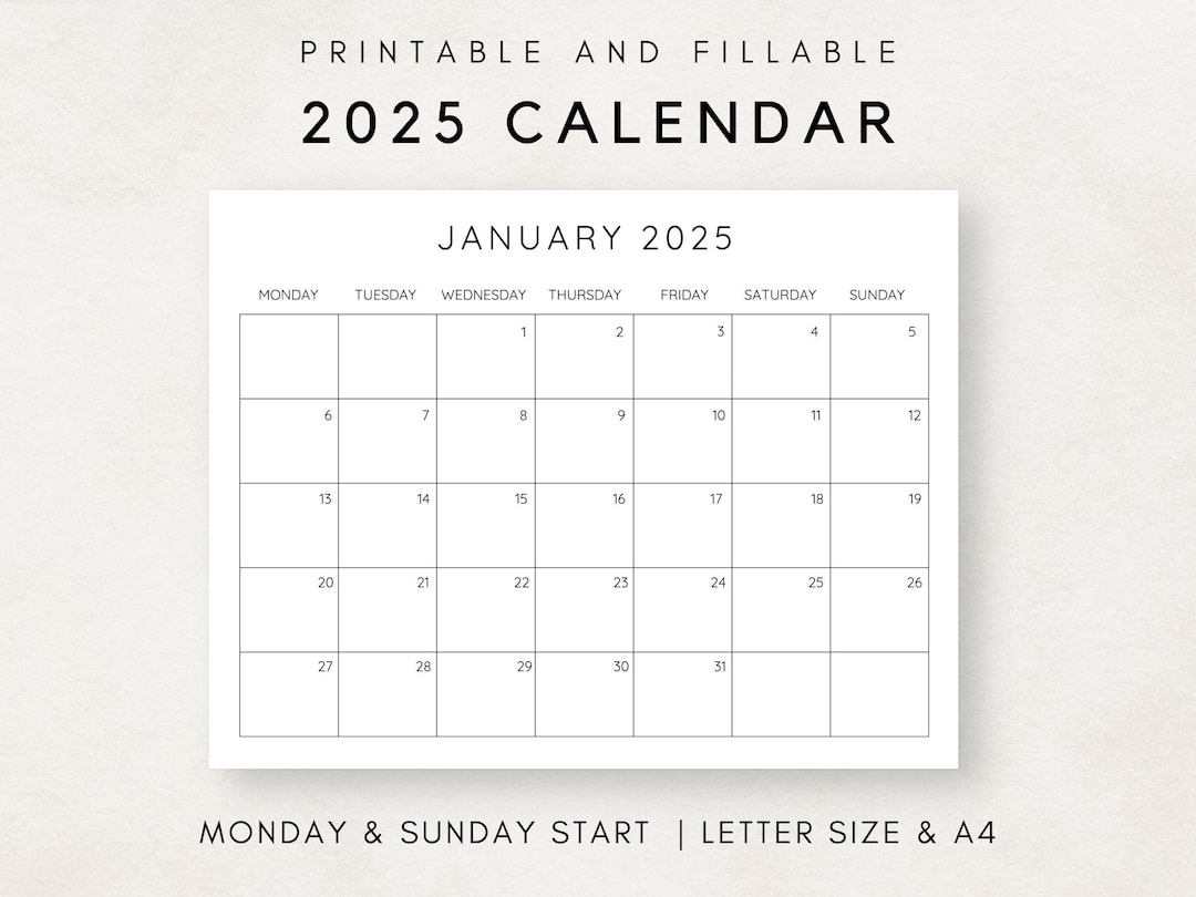 2025 Calendar Printable, Monthly Calendar 2025, Fillable Calendar - Printable Calendar 2025 Fillable