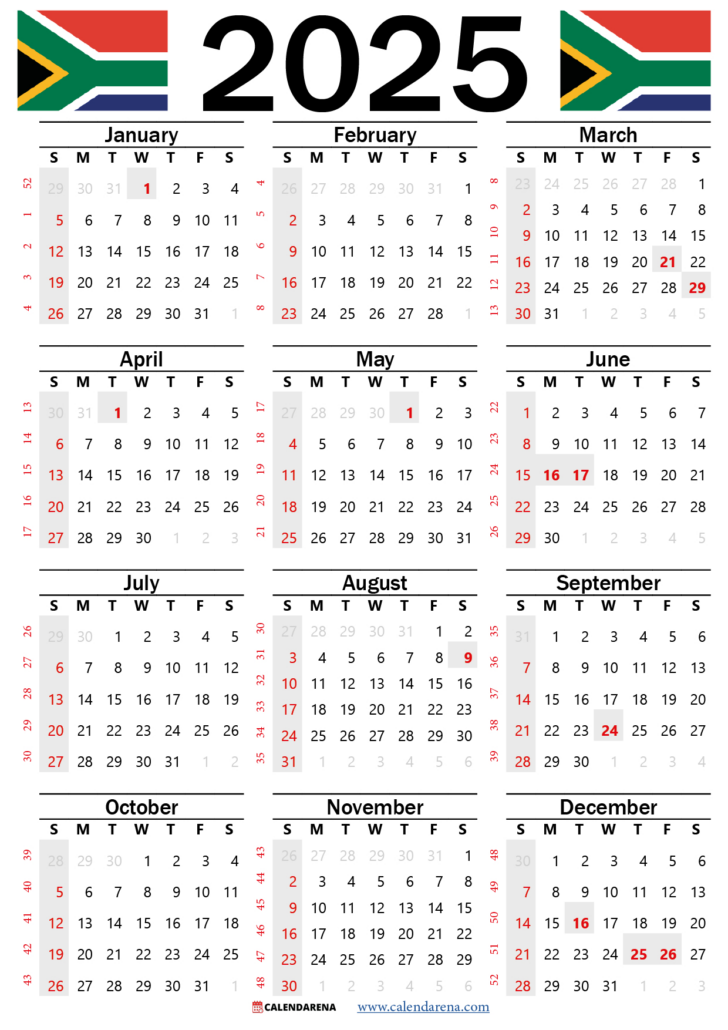 Printable Calendar 2025 with Holidays South Africa Download