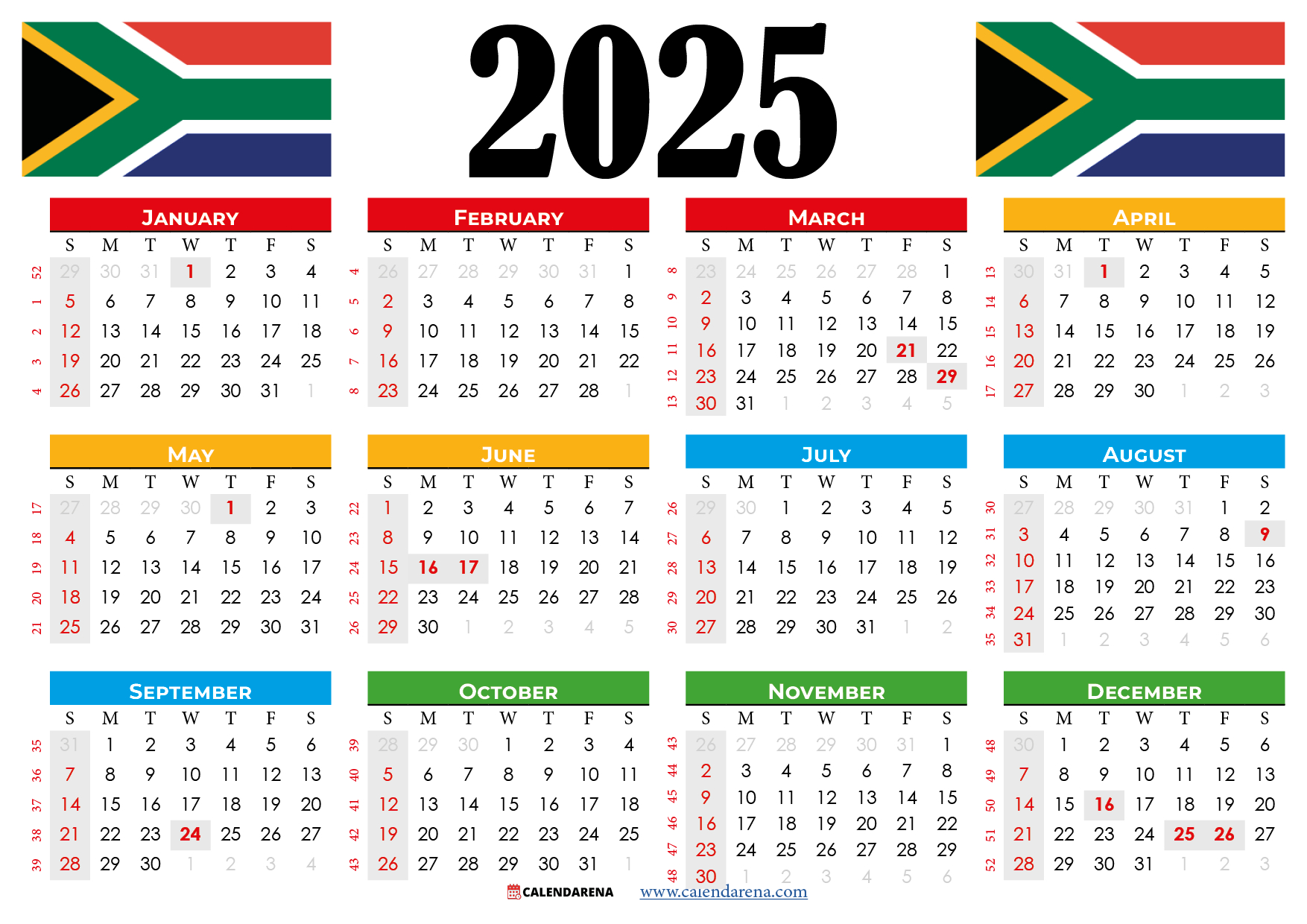 2025 Calendar South Africa With Holidays Printable - Printable Calendar 2025 with Holidays South Africa Download