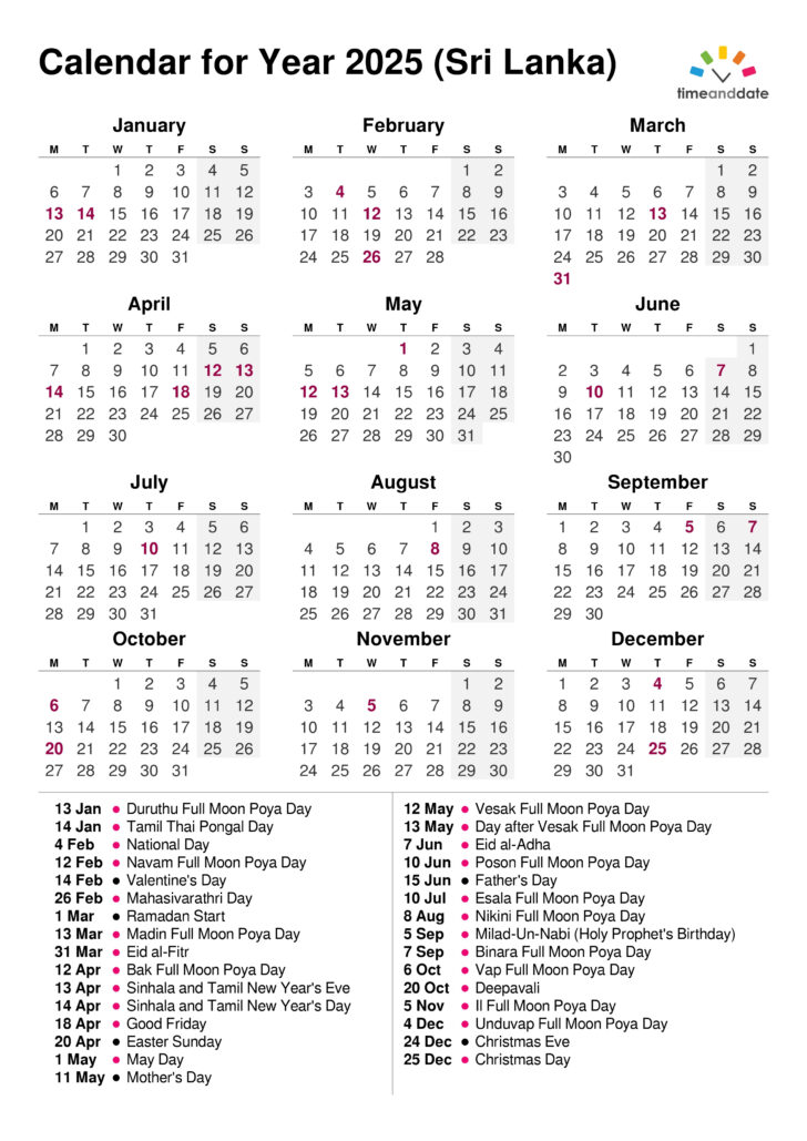 Printable Calendar 2025 with Holidays Sri Lanka