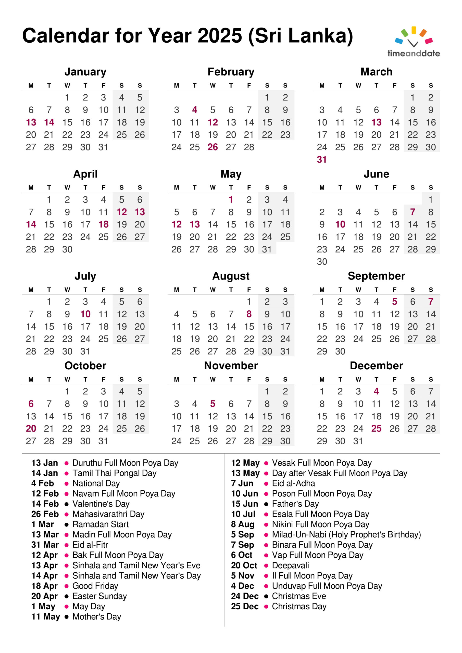 2025 Calendar Sri Lanka Printable Pdf | Sinhala Tamil English - Printable Calendar 2025 with Holidays Sri Lanka