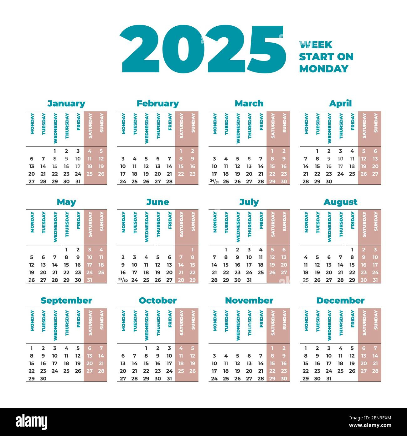 2025 Calendar Template With Weeks Start On Monday Stock Vector - Printable Calendar 2025 Week Starting Monday