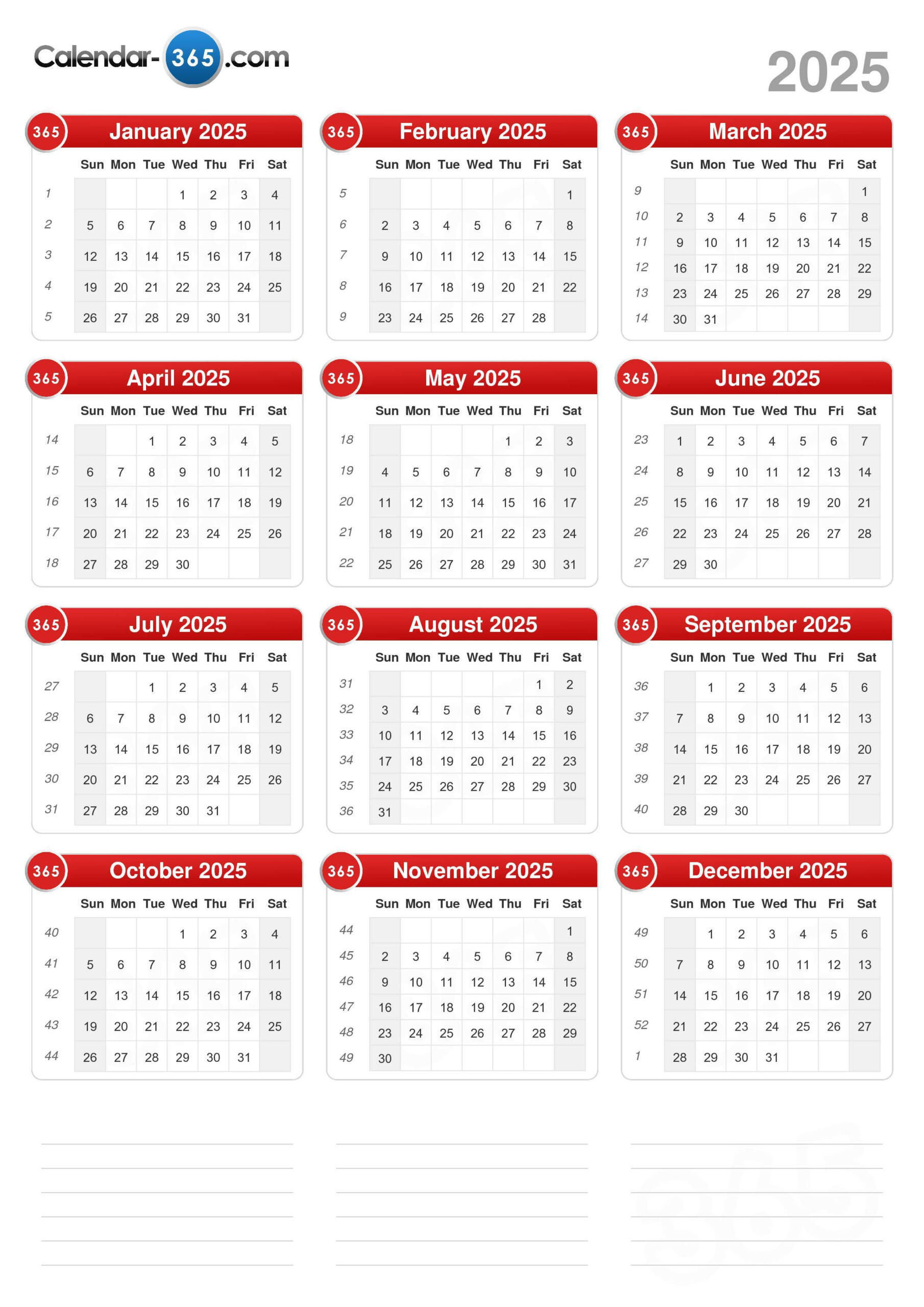 2025 Calendar - Time and Date Printable Calendar 2025