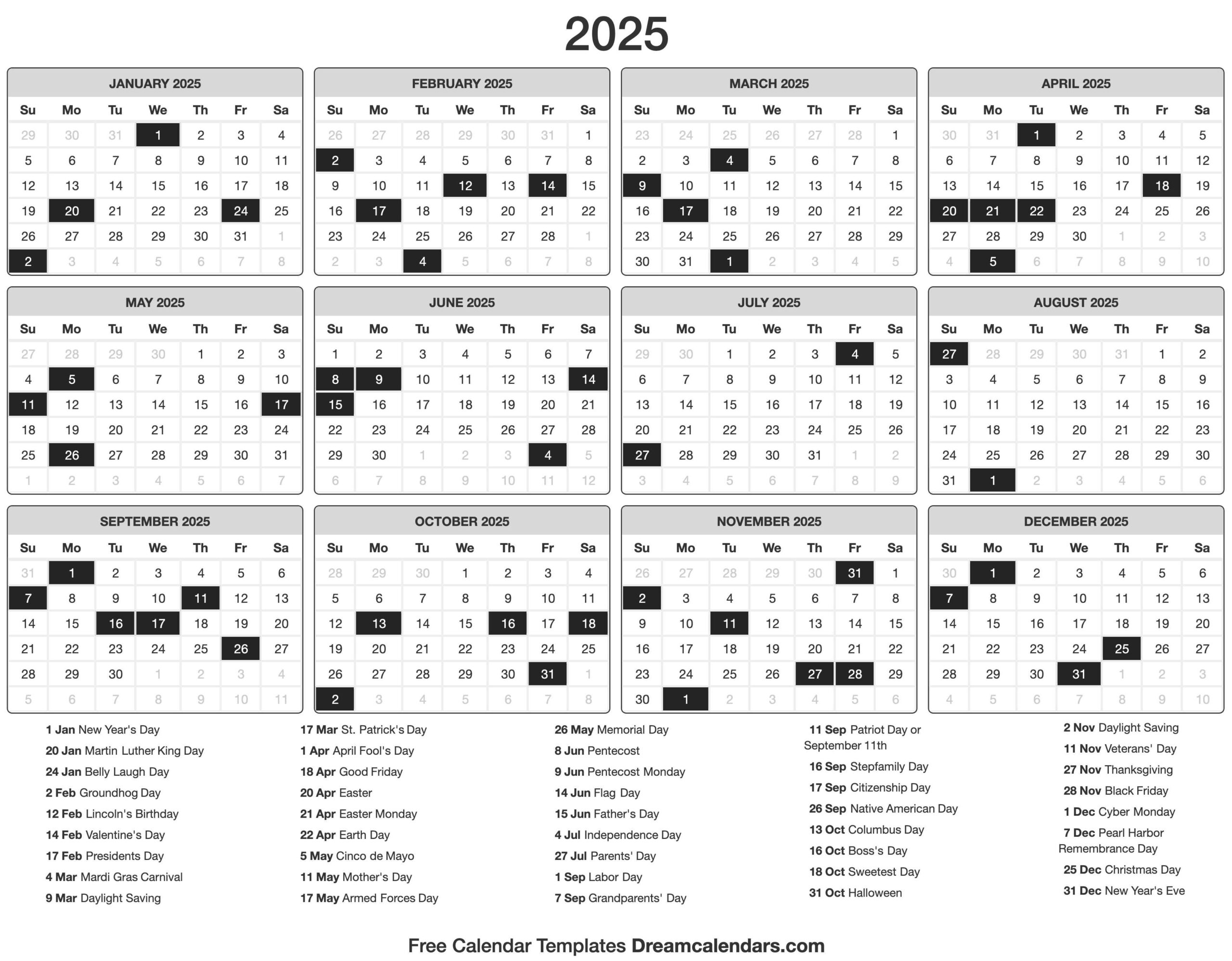 2025 Calendar - Time And Date Printable Calendar 2025