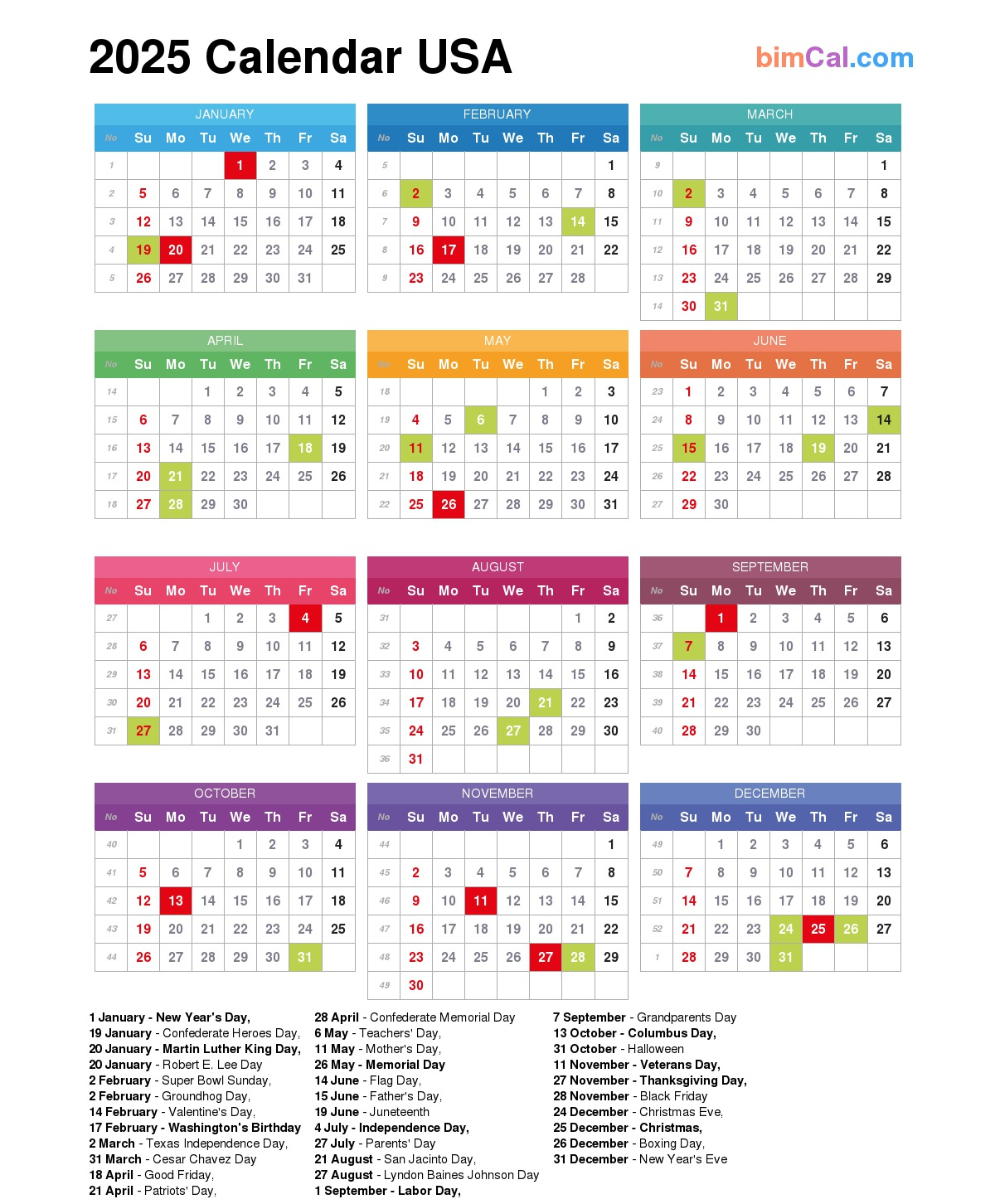 2025 Calendar Usa - Bimcal - Printable Calendar 2025 with Holidays Usa