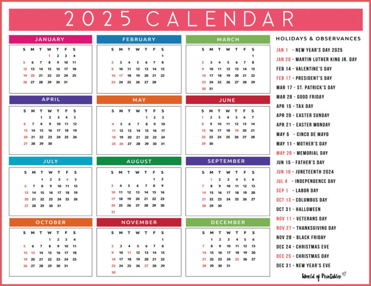 2025 Calendar with Holidays Printable