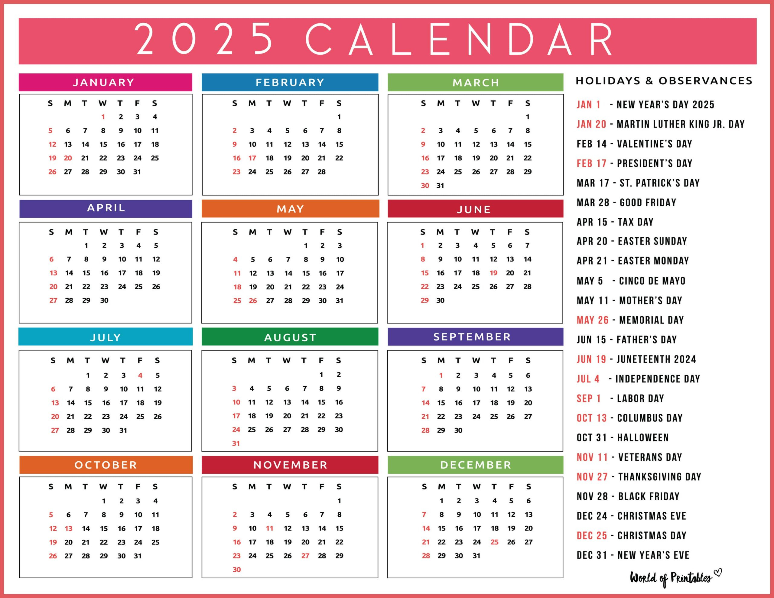 2025 Calendar With Holidays - Free Printables In 28 Unique Styles - 2025 Calendar with Holidays Printable