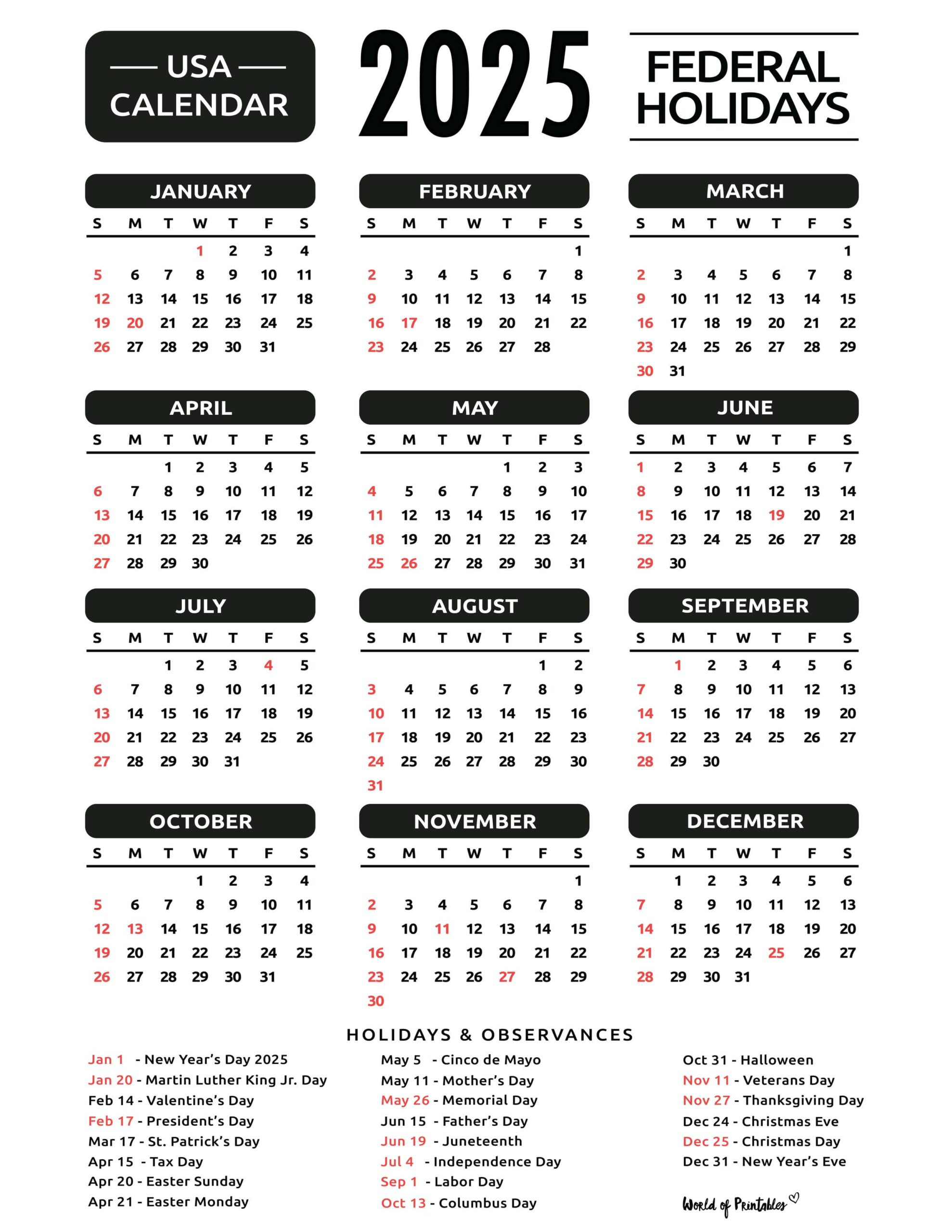 2025 Calendar With Holidays - Free Printables In 28 Unique Styles - Printable Calendar 2025 Usa