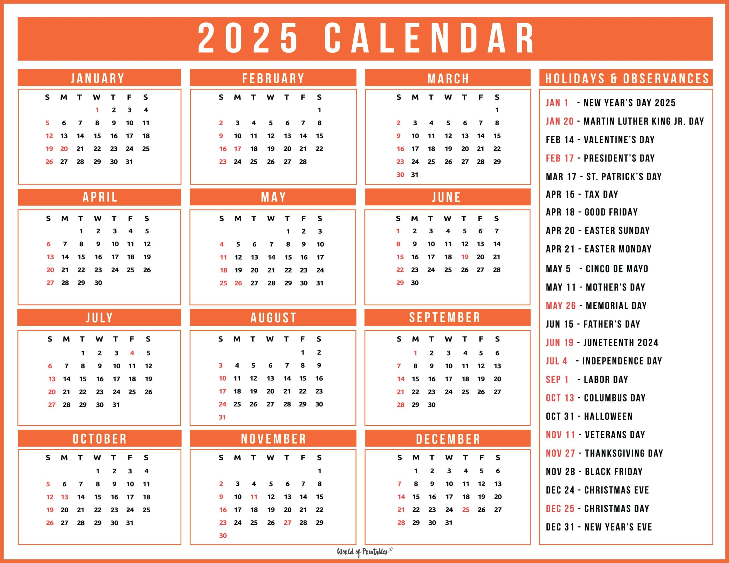 2025 Calendar With Holidays - Free Printables In 28 Unique Styles - Printable Calendar 2025 with Holidays Philippines