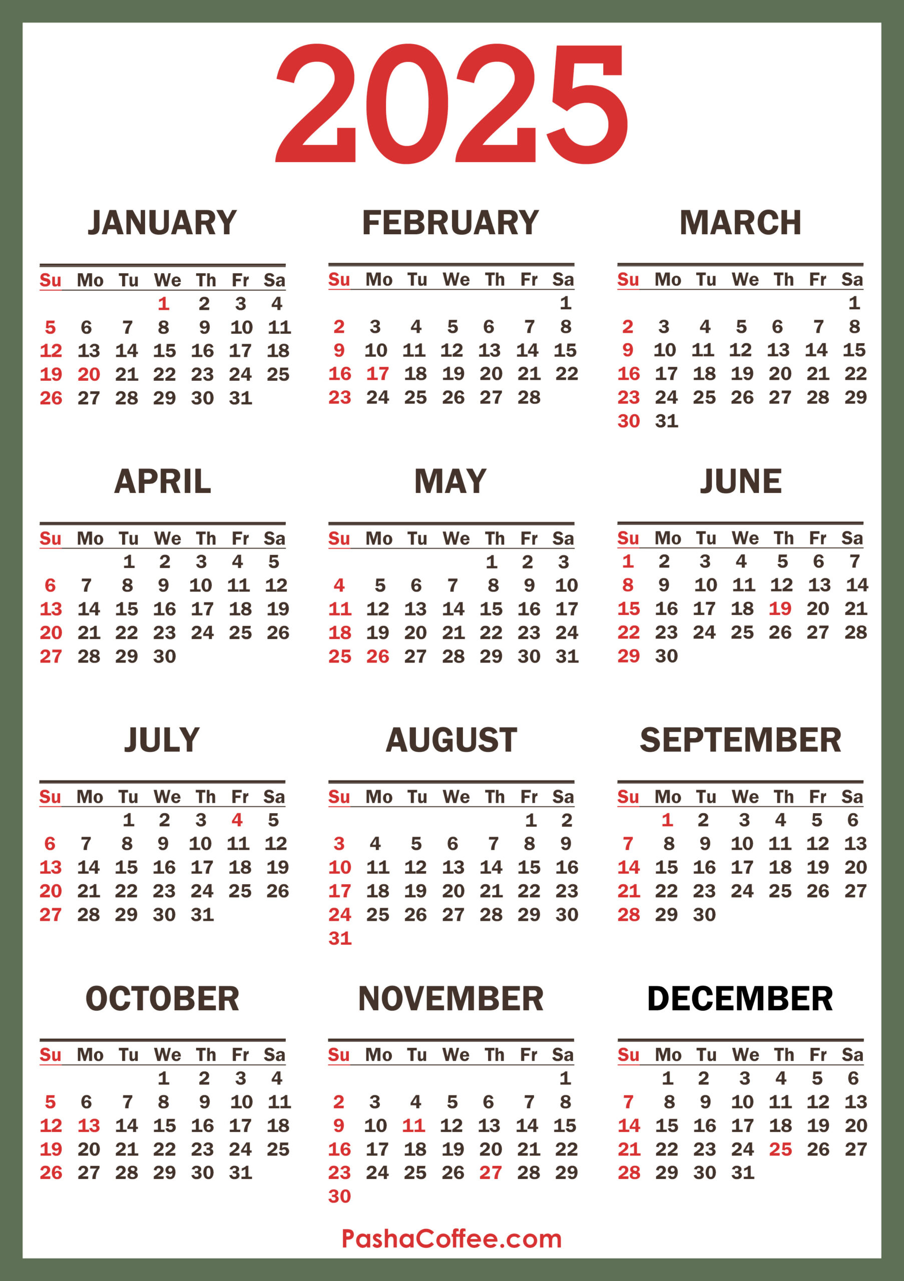 2025 Calendar With Holidays, Printable Free, Vertical - Free Printable 2025 Calendar With Holidays Printable Free Download