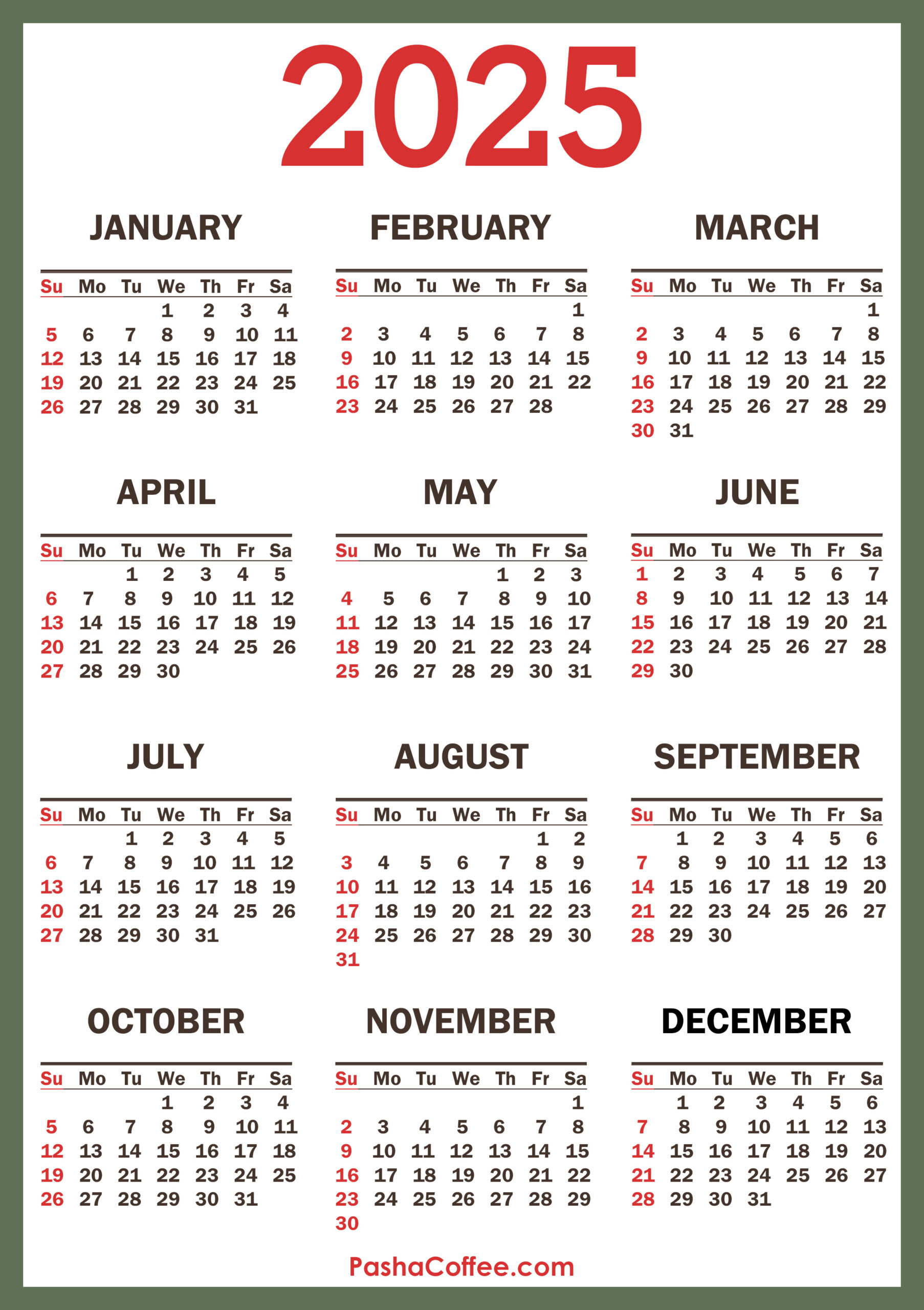 2025 Calendar With Holidays, Printable Free, Vertical, Green - Free Printable Calendar 2025 With Holidays Free Download