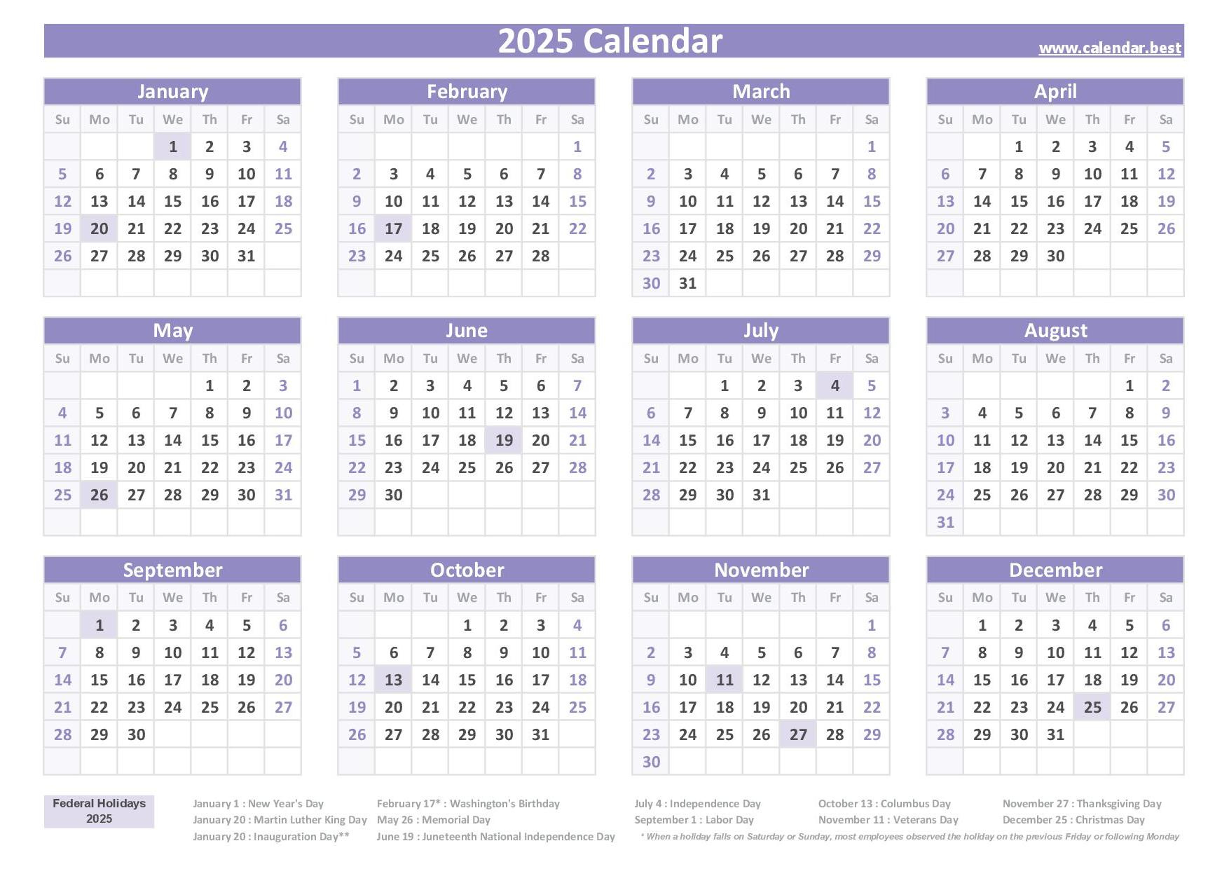 2025 Calendar With Holidays (Us Federal Holidays) - Printable Calendar 2025 With Holidays Usa