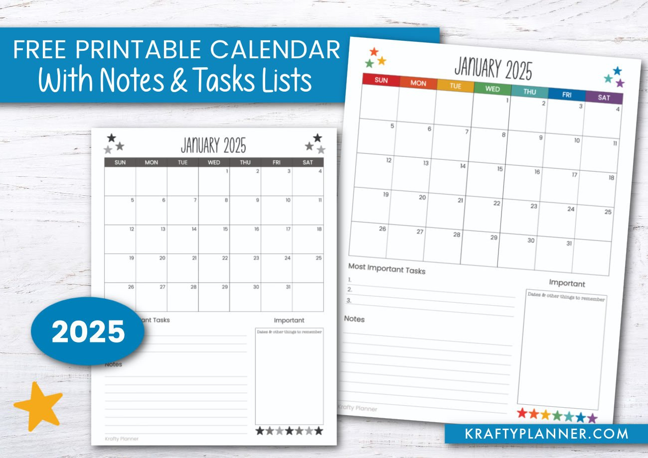 2025 Calendar With Notes And Task Lists — Krafty Planner - 2025 Printable Calendar With Notes