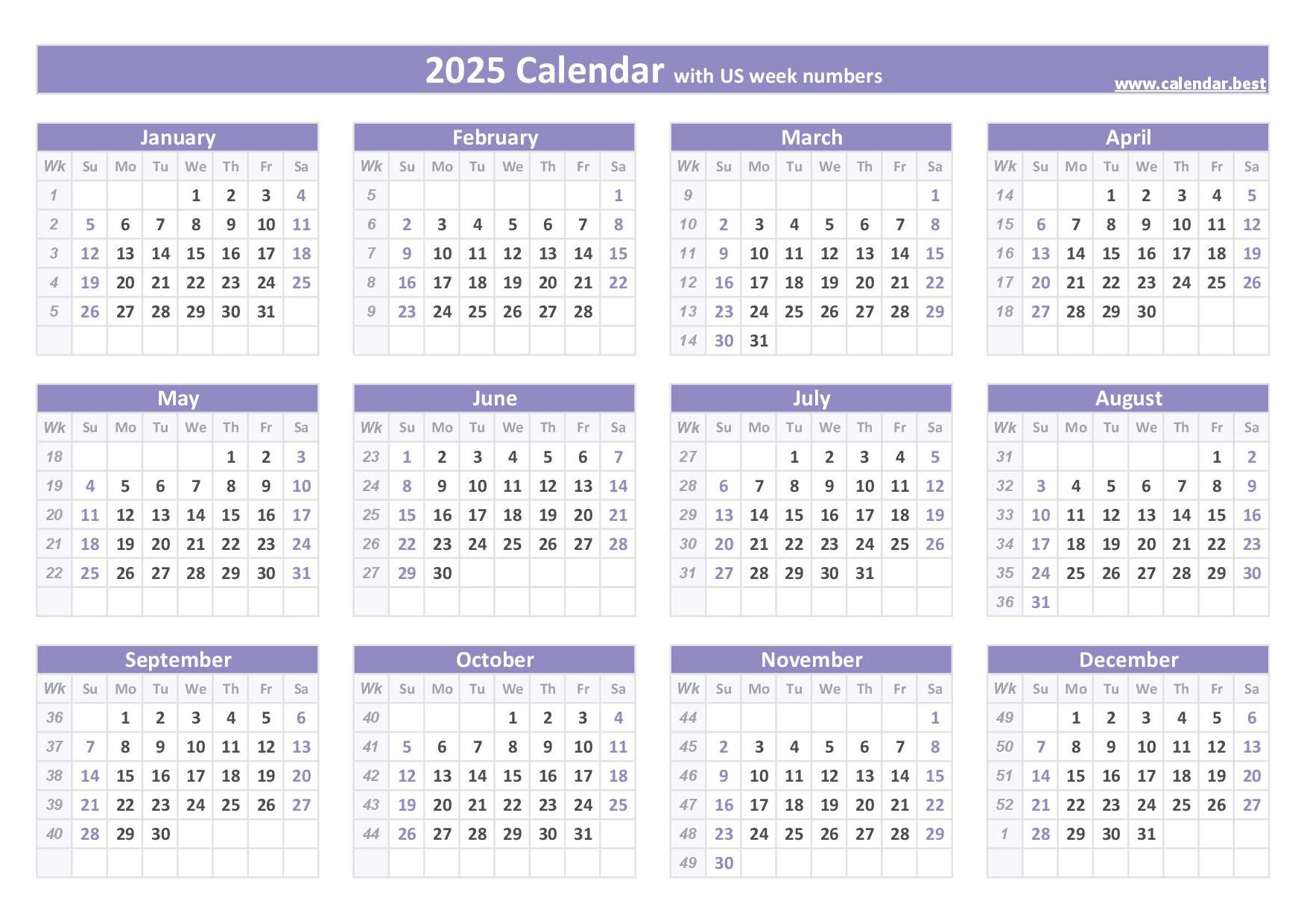 2025 Calendar With Week Numbers (Us And Iso Week Numbers) - 2025 Calendar with Week Numbers Printable Free