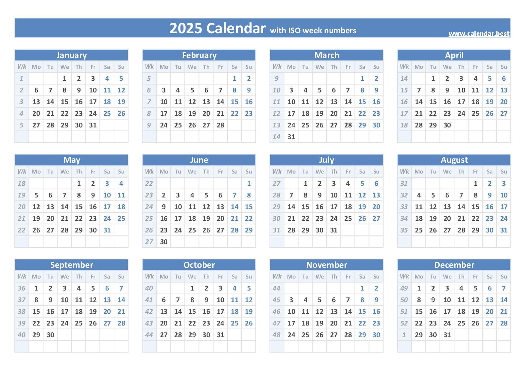 2025 Calendar With Week Numbers (Us And Iso Week Numbers) - 2025 Work Week Calendar Printable