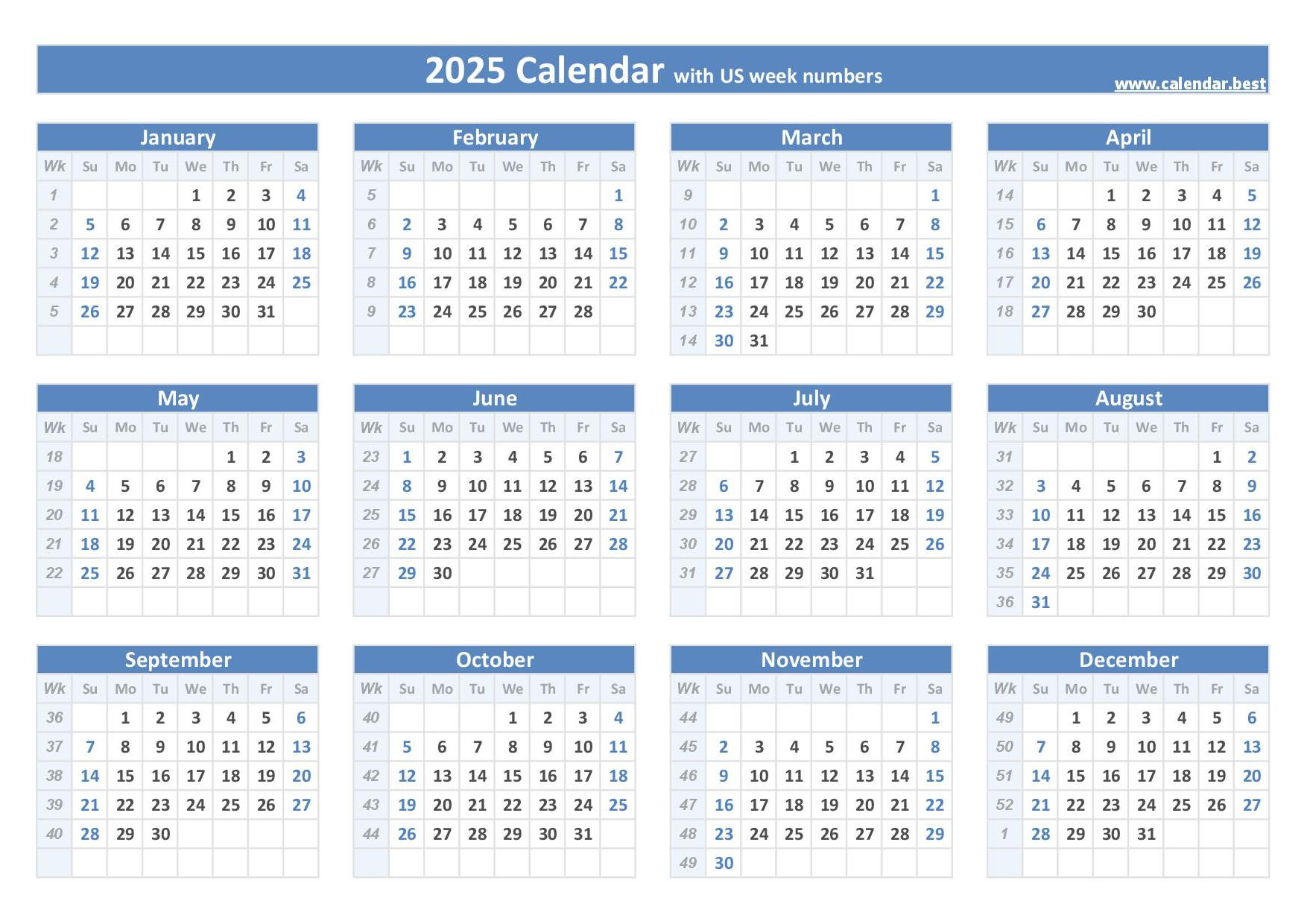 2025 Calendar With Week Numbers (Us And Iso Week Numbers) - Printable 2025 Week Calendar