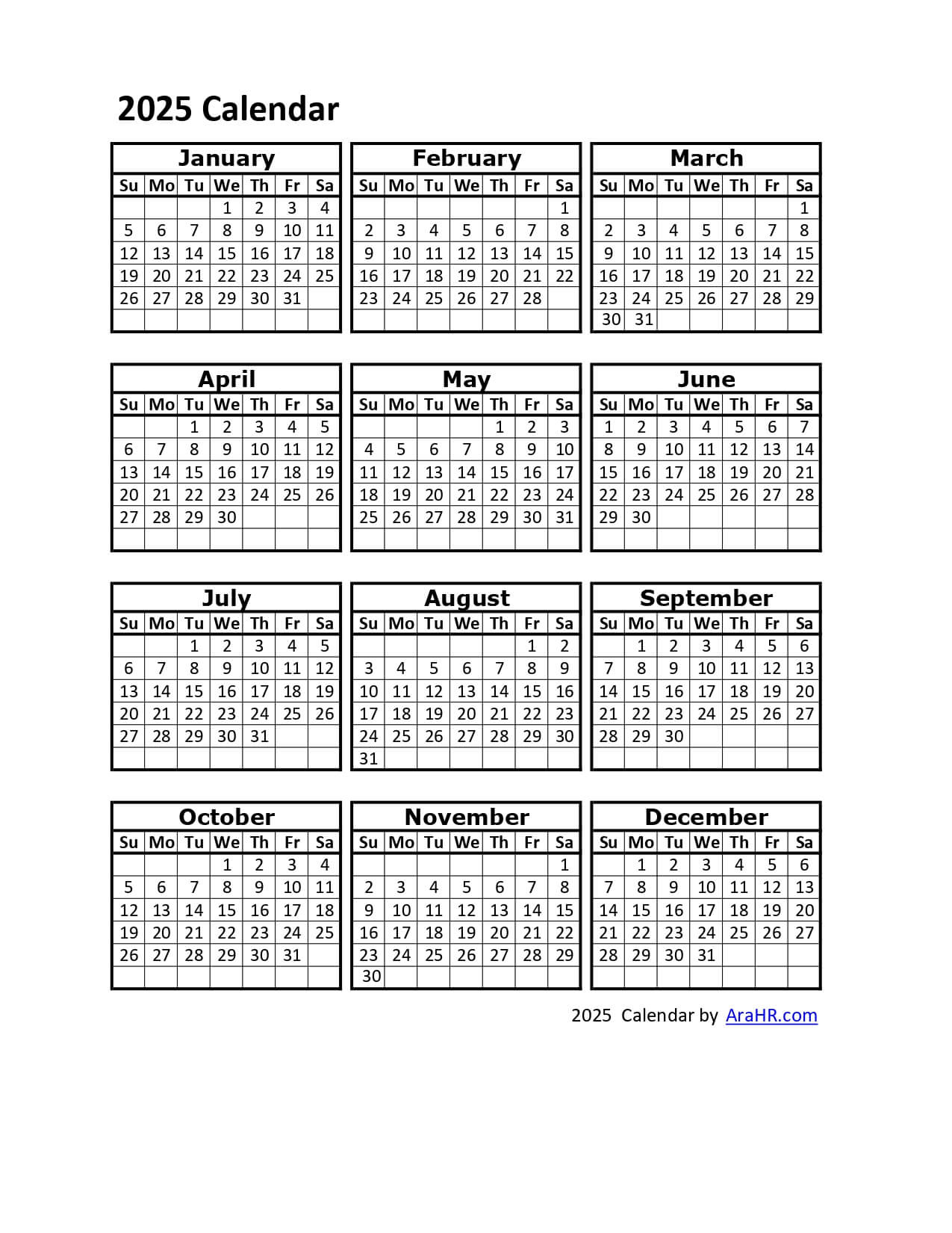 2025 Calendar - Yearly - Monthly - Free - Printable - Template - 2025 Employee Attendance Calendar Printable Free Download