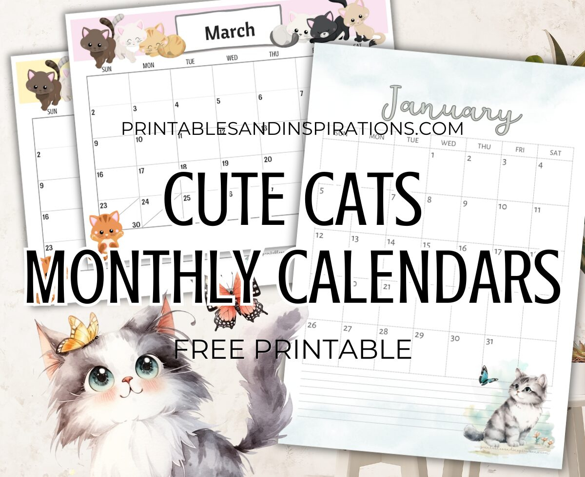 2025 Cute Cats Free Printable Monthly Calendar - Printables And - Free Printable Cat Calendar 2025