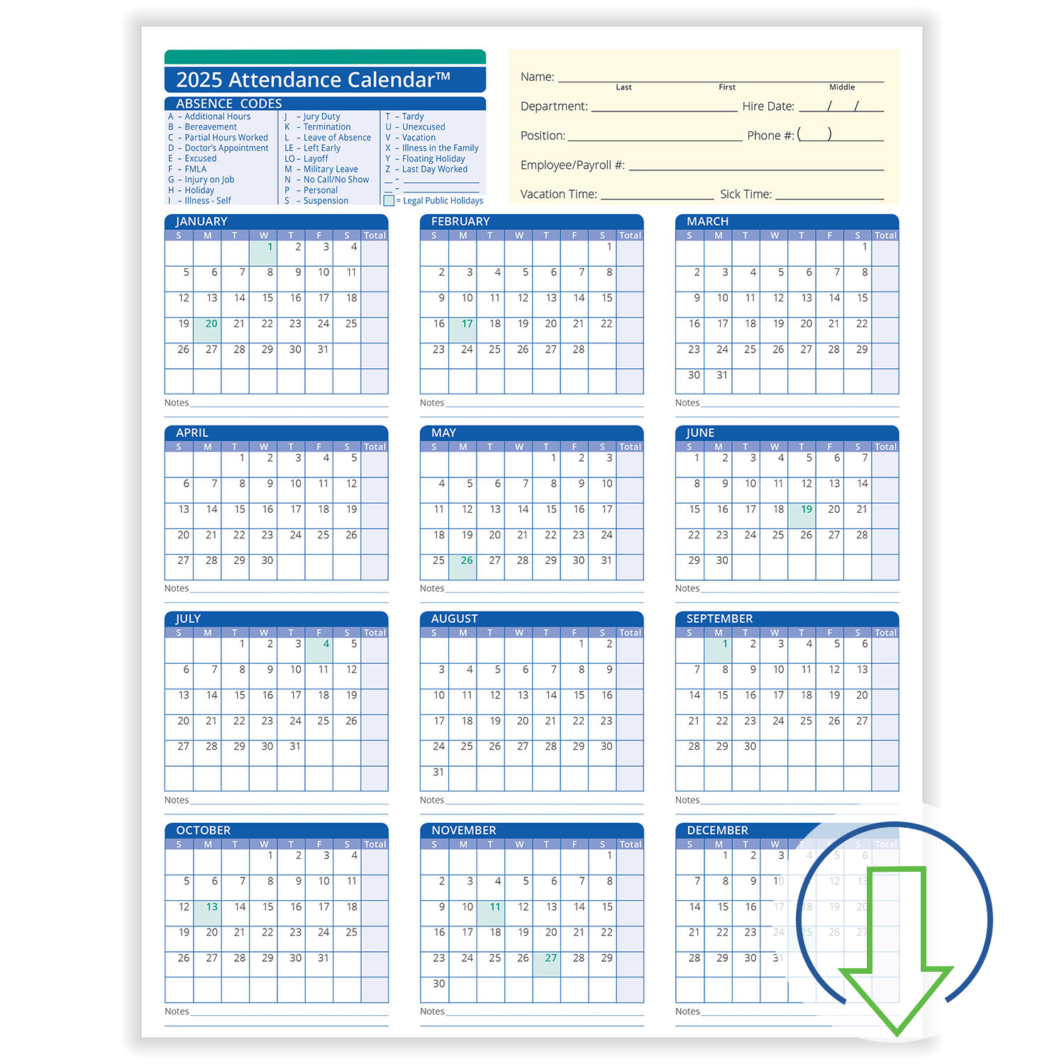 2025 Downloadable Employee Attendance Calendar | Hrdirect - 2025 Employee Attendance Calendar Printable Free Download