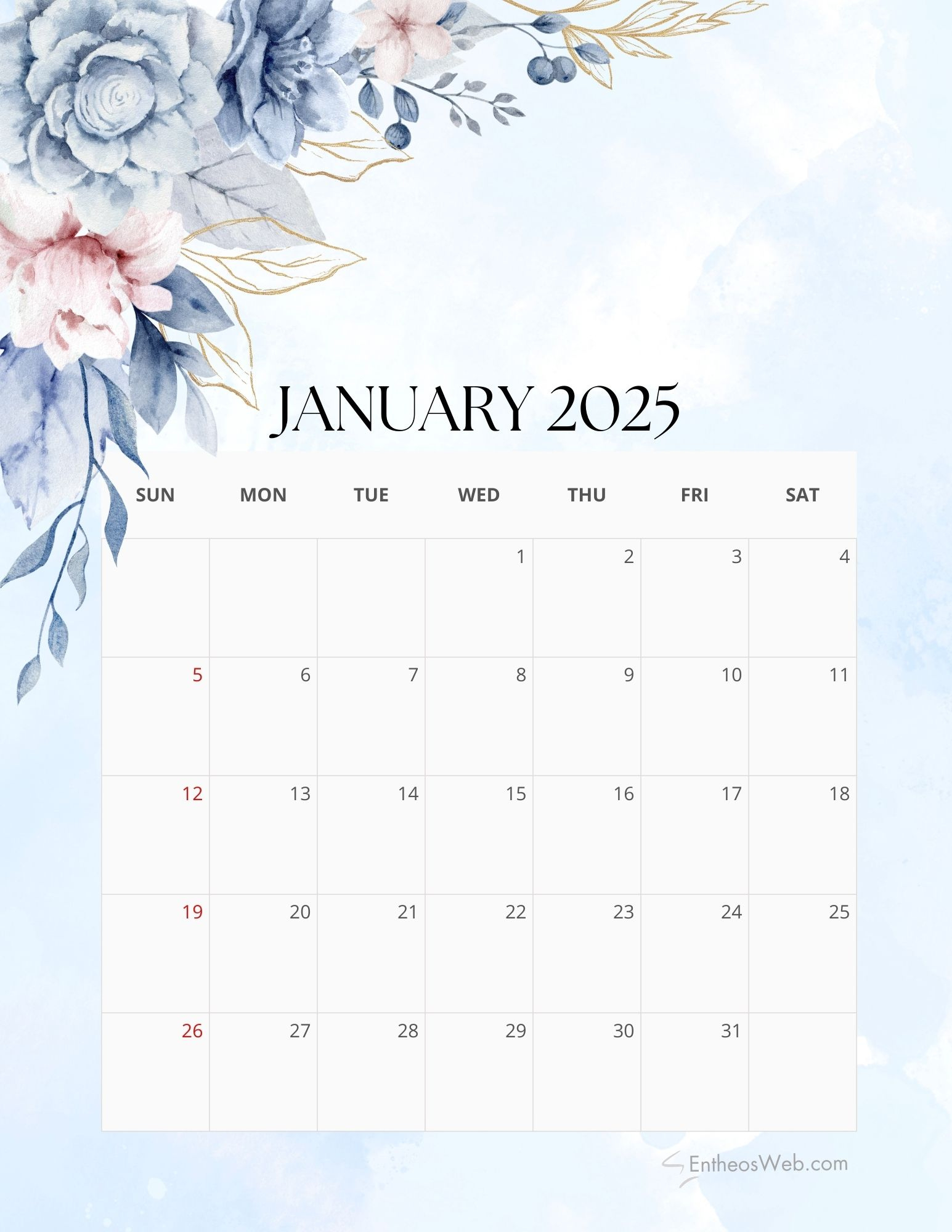 2025 Floral Monthly Calendar Free Pdf Printable | Entheosweb - Printable Calendar 2025 with Flowers
