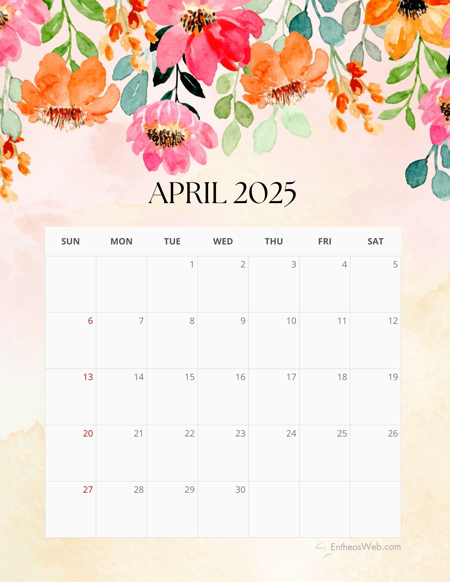 2025 Floral Monthly Calendar Free Pdf Printable | Entheosweb - Spring 2025 Calendar Printable