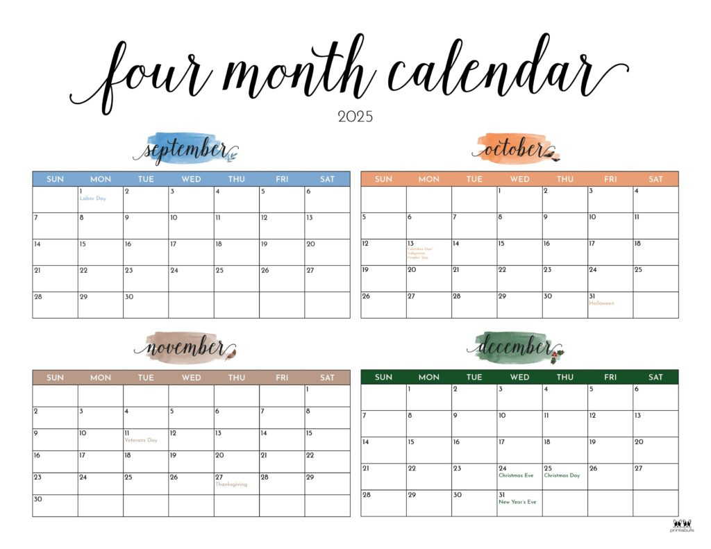 2025 Four Month Calendars - 31 Free Printables | Printabulls - Printable Calendar 2025 4 Months Per Page