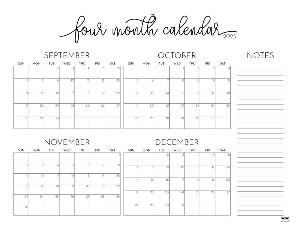2025 Four Month Calendars - 31 Free Printables | Printabulls - Printable Calendar 2025 4 Months Per Page