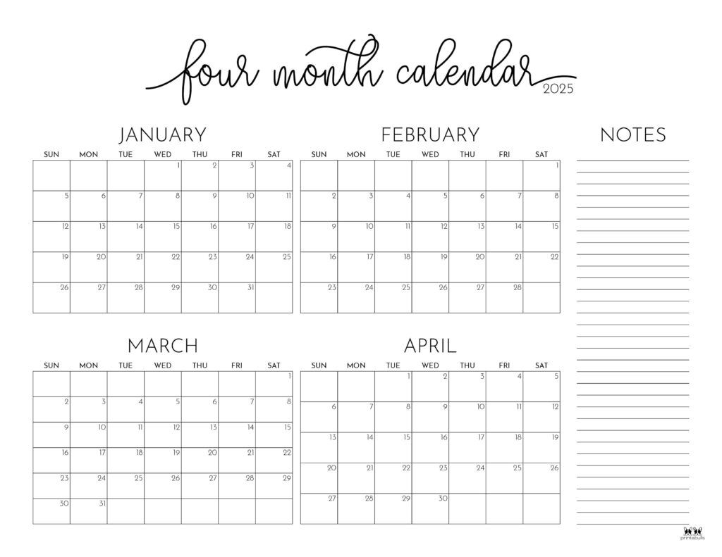 2025 Four Month Calendars - 31 Free Printables | Printabulls - Printable Calendar 2025 Jan Feb March