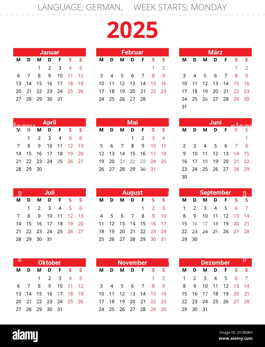 2025 German Calendar Stock Vector Images - Alamy - Printable Calendar 2025 Germany