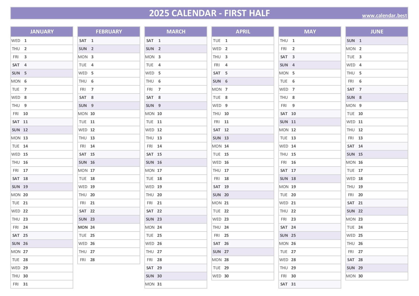 2025 Half Year Calendar To Print - Free Printable Calendar 2025 6 Months Per Page
