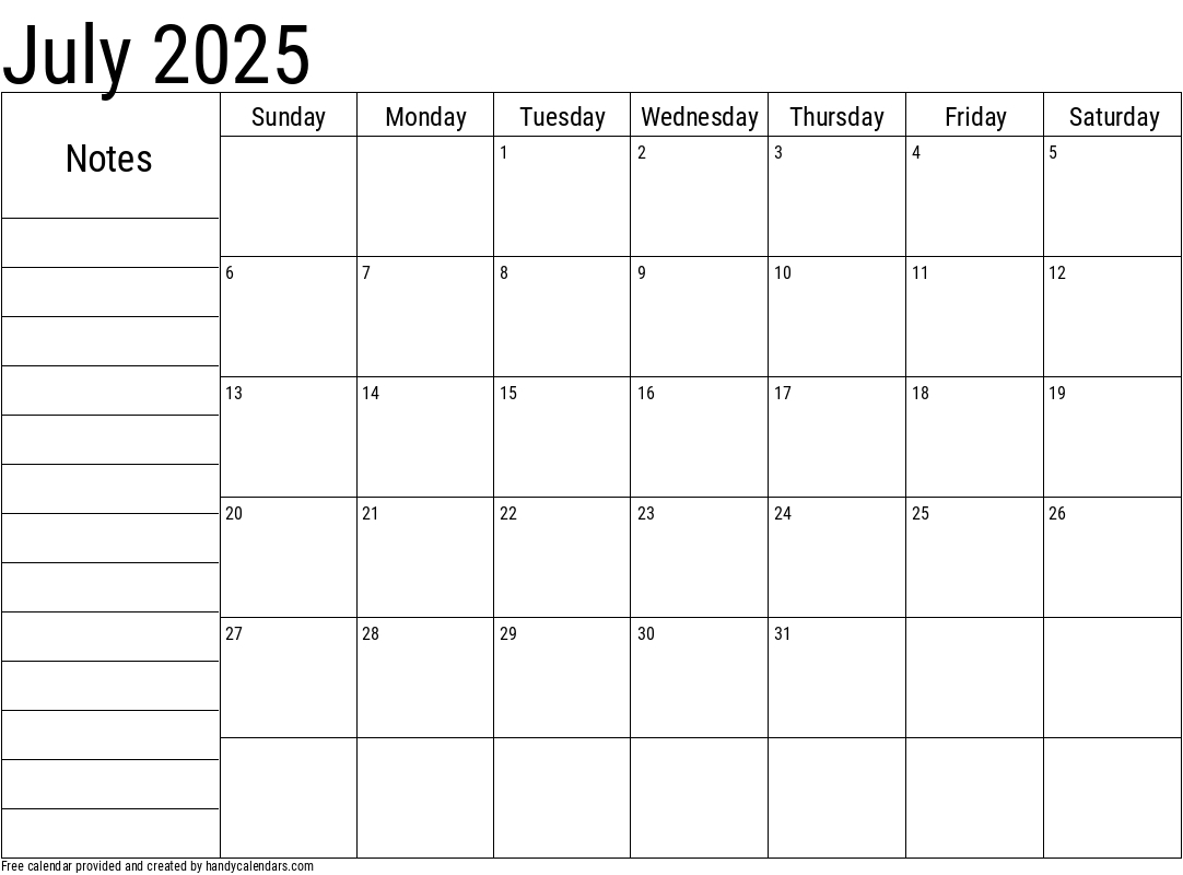 2025 July Calendars - Handy Calendars - July 2025 Calendar Printable With Notes