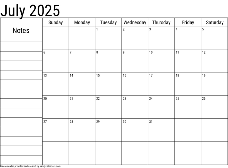 July 2025 Calendar with Notes