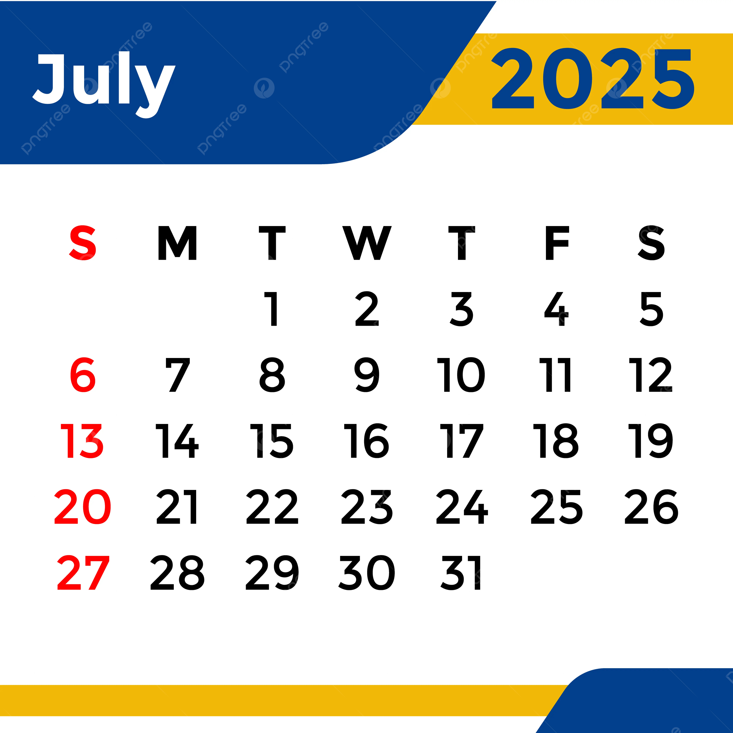 2025 July Png Transparent Images Free Download | Vector Files - July Calendar 2025 Png