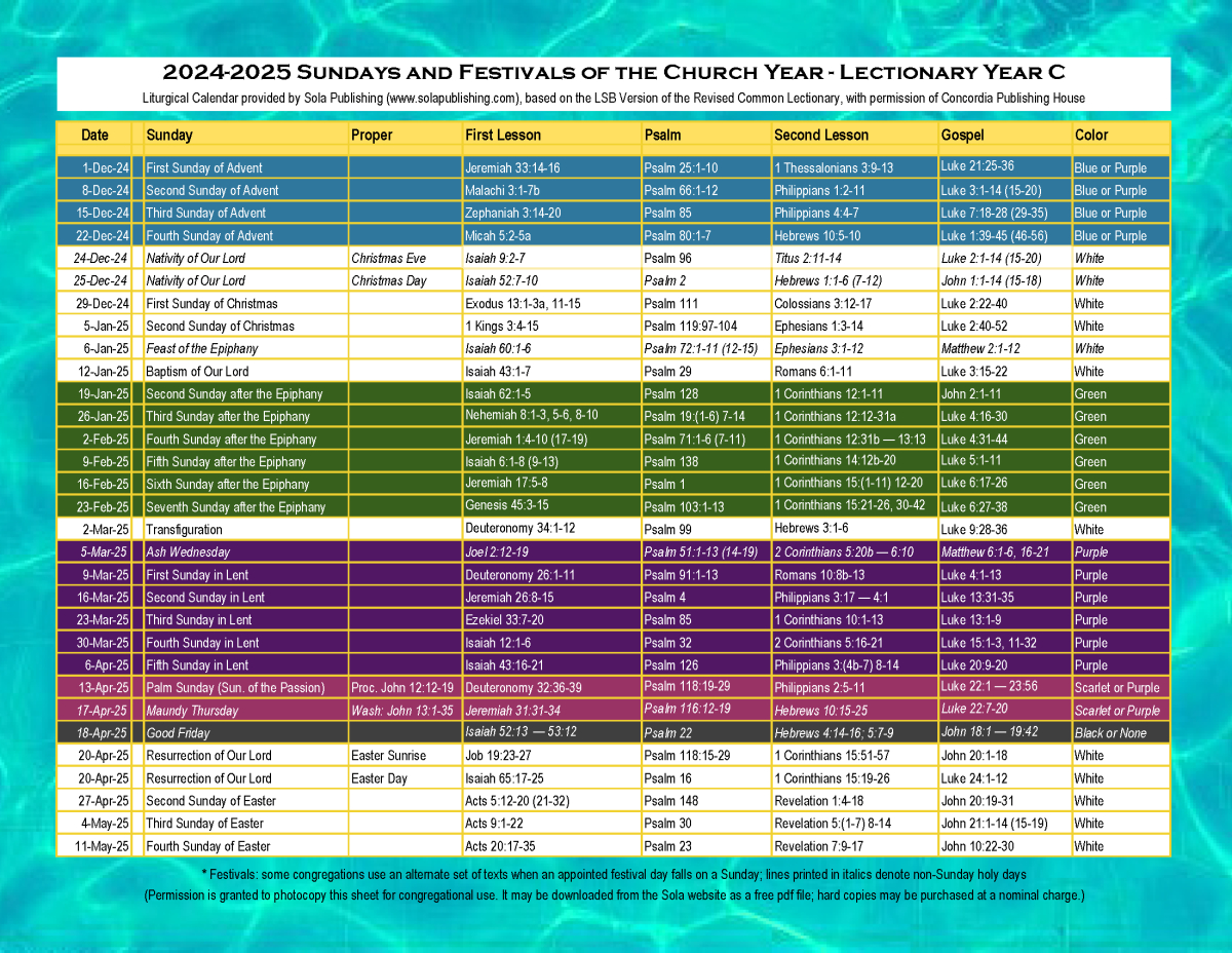 2025 Liturgical Calendar (Year C) K-2025 | Sola Publishing - Free Printable Catholic Liturgical Calendar 2025