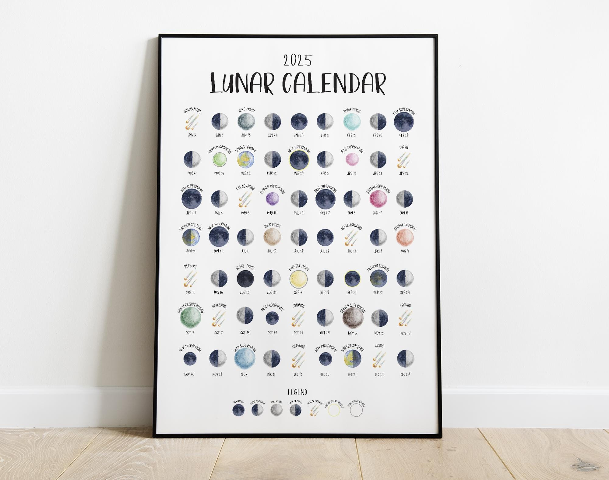 2025 Lunar Calendar Print | Northern Hemisphere | Illustrated Moon - 2025 Full Moon Calendar Printable