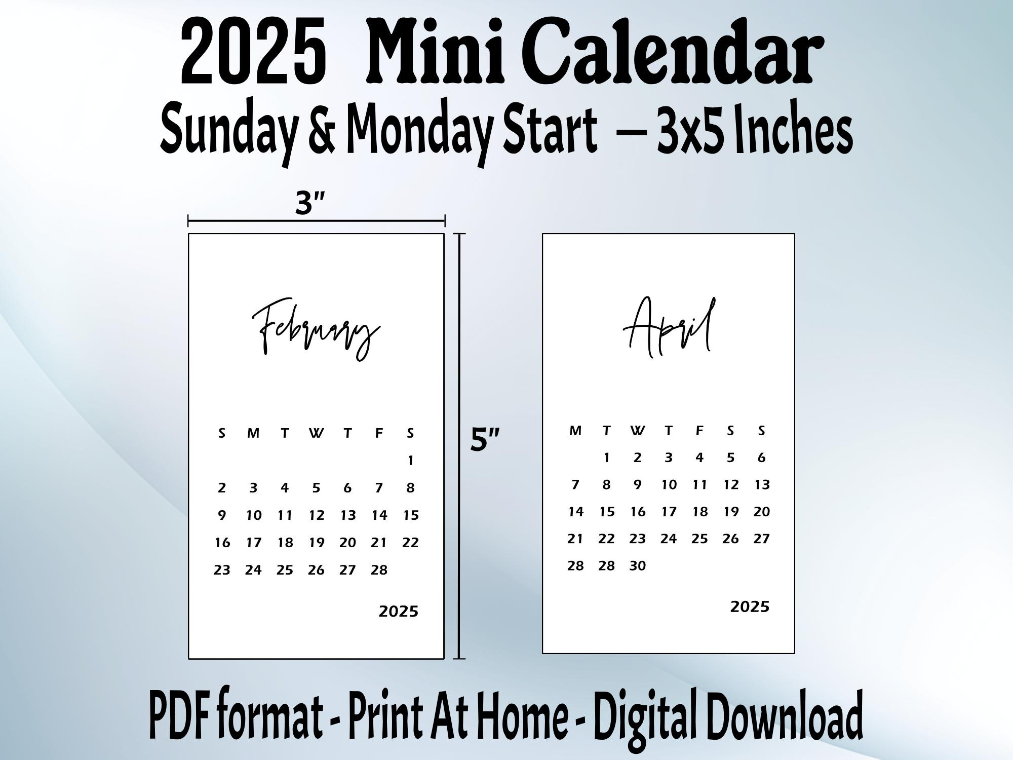 2025 Mini Calendar Printable Pdf, 3 X 5 Inches, Small Calendar - 5X7 Printable Calendar 2025