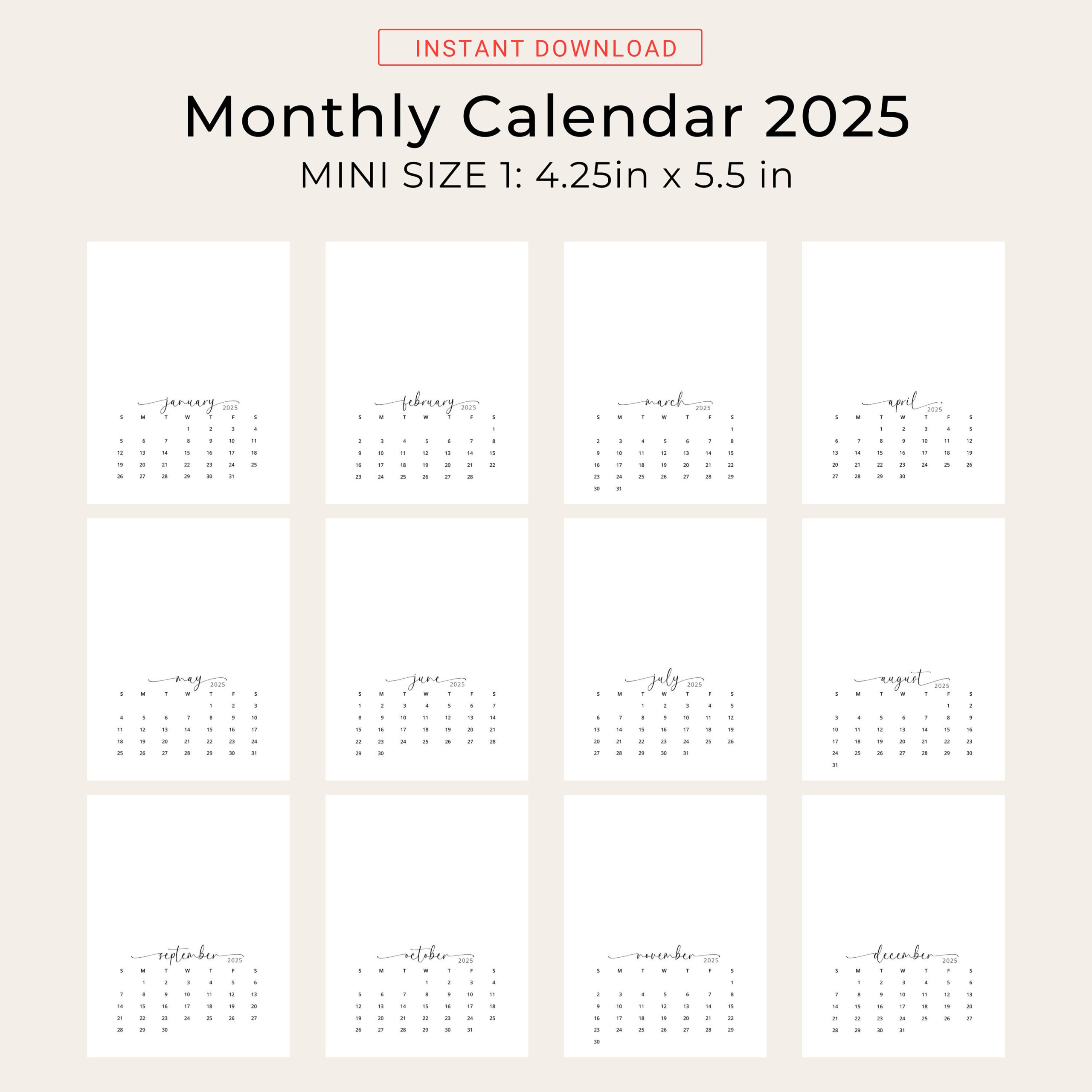 2025 Minikalender 2025 Kleiner Kalender Vertikaler Monatskalender - Mini 2025 Calendar Printable
