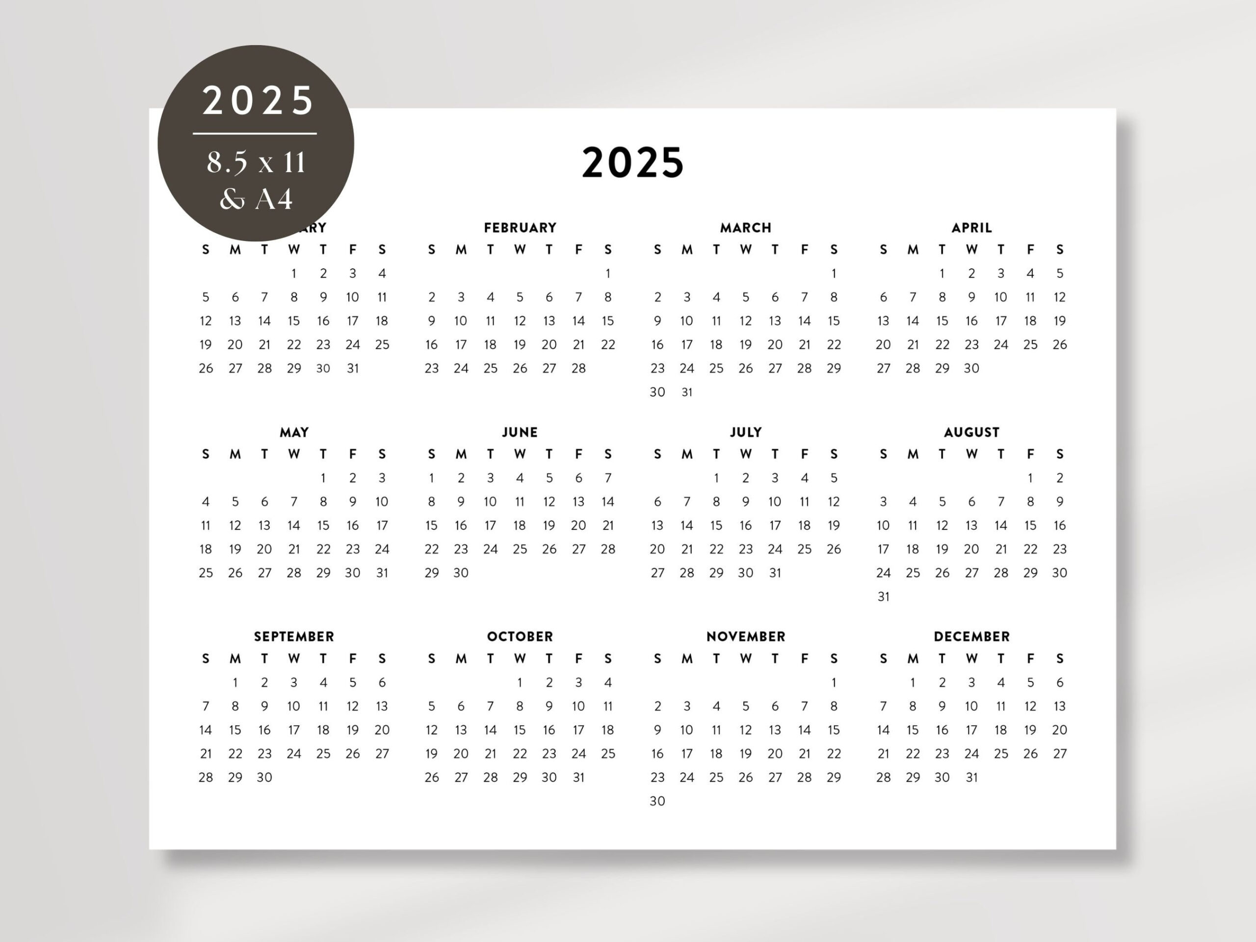 2025 Minimalist Letter Printable Calendar, 2025 Simple Planner - 5X7 2025 Printable Calendar
