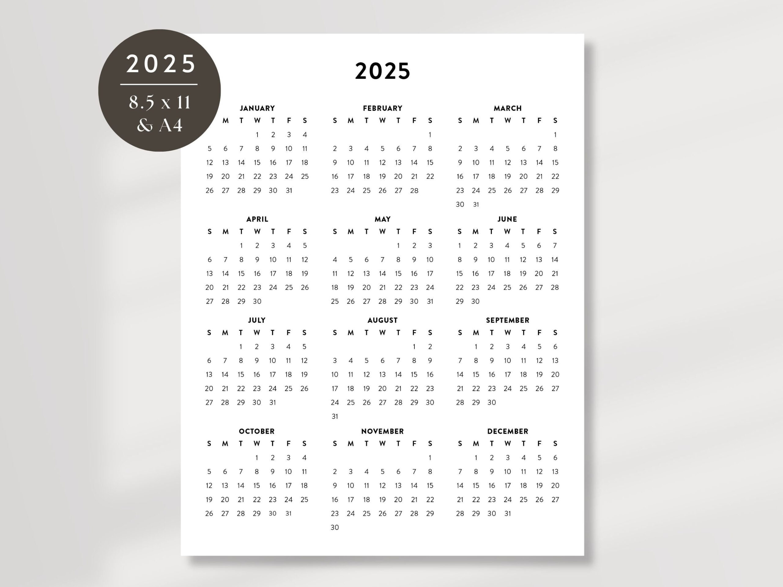 2025 Minimalist Printable Calendar, 2025 Simple Planner, 2025 - 8.5 X 11 Printable 2025 Calendar