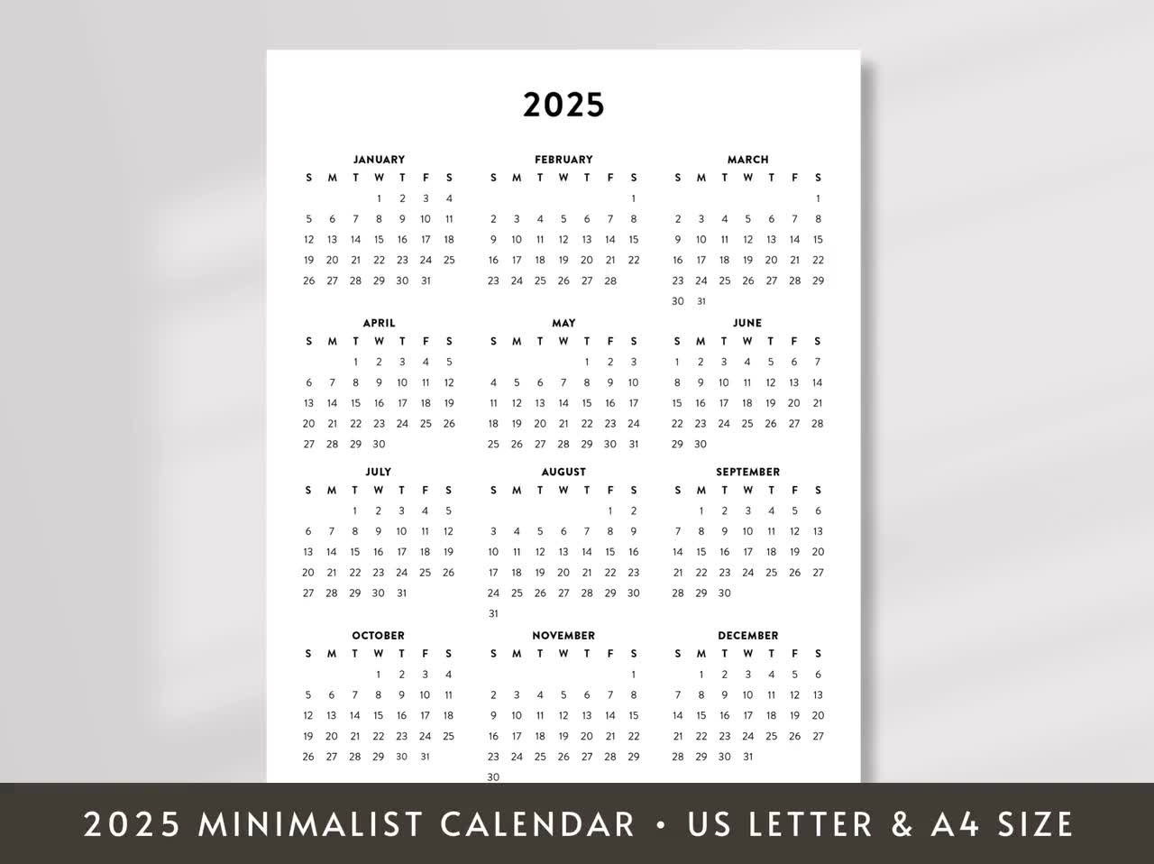 2025 Minimalistischer Druckbarer Kalender, 2025 Einfacher Planer - Printable Calendar 2025 Etsy