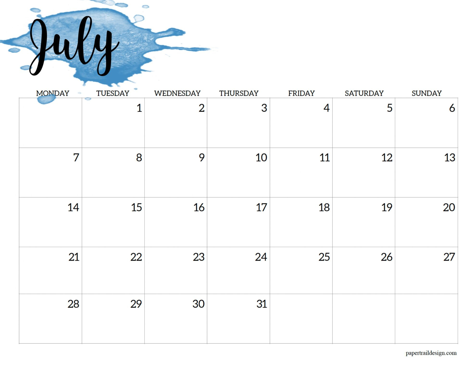 2025 Monday Start Calendar Printable - Watercolor - Paper Trail Design - July Calendar 2025 Monday to Sunday