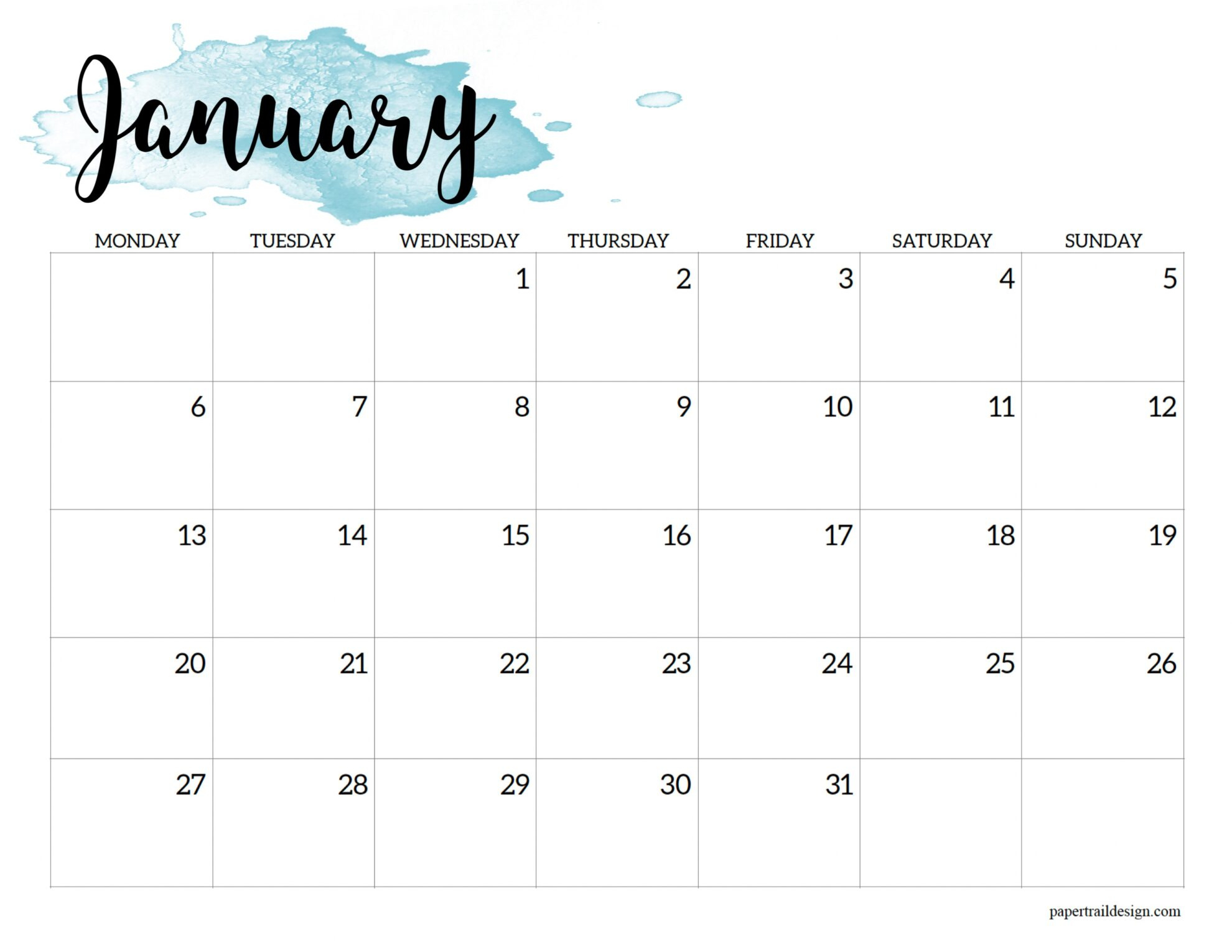2025 Monday Start Calendar Printable - Watercolor - Paper Trail Design - Printable Calendar 2025 Starting Monday