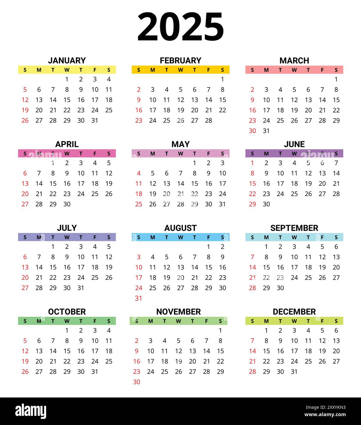 2025 Month Printable Color Calendar. Modern Vector Template - Printable Color Calendar 2025